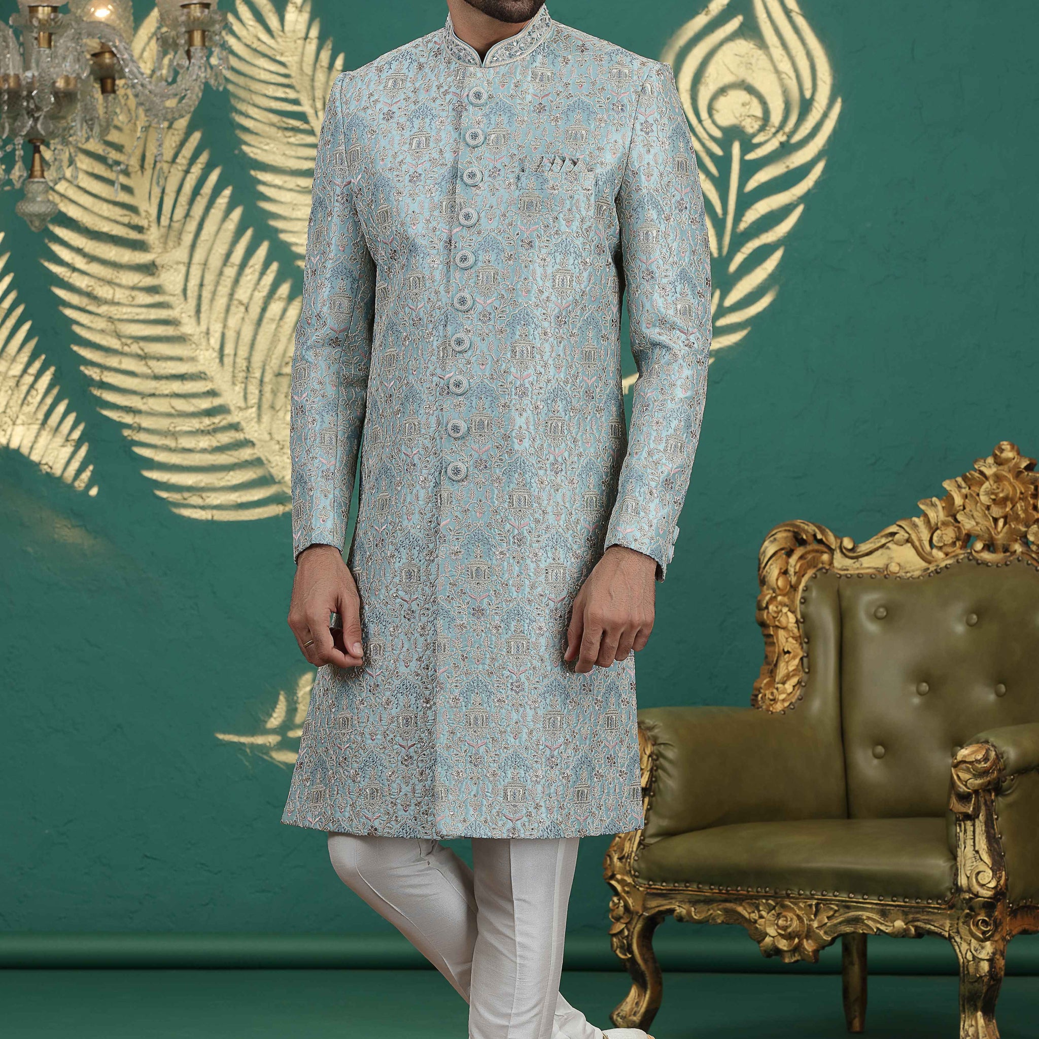 Firozi green embroidered sherwani for men