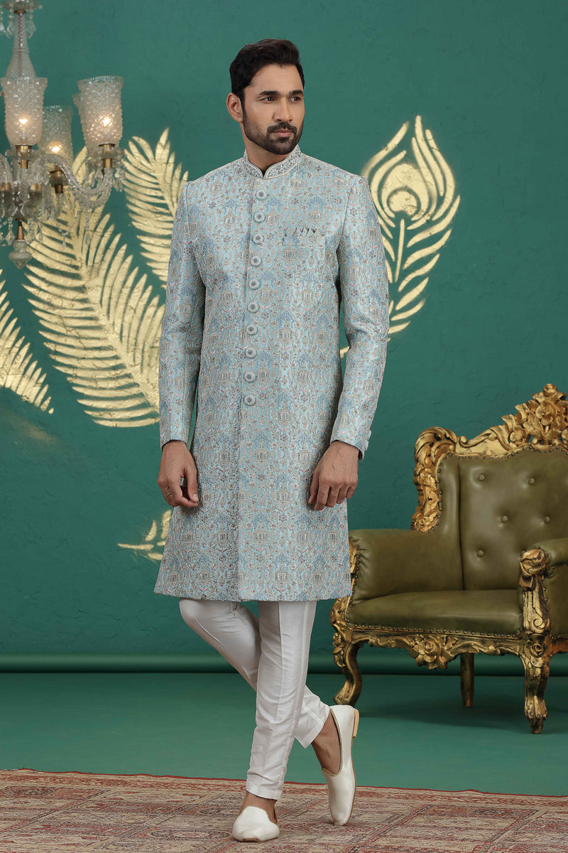 Firozi green embroidered sherwani for men