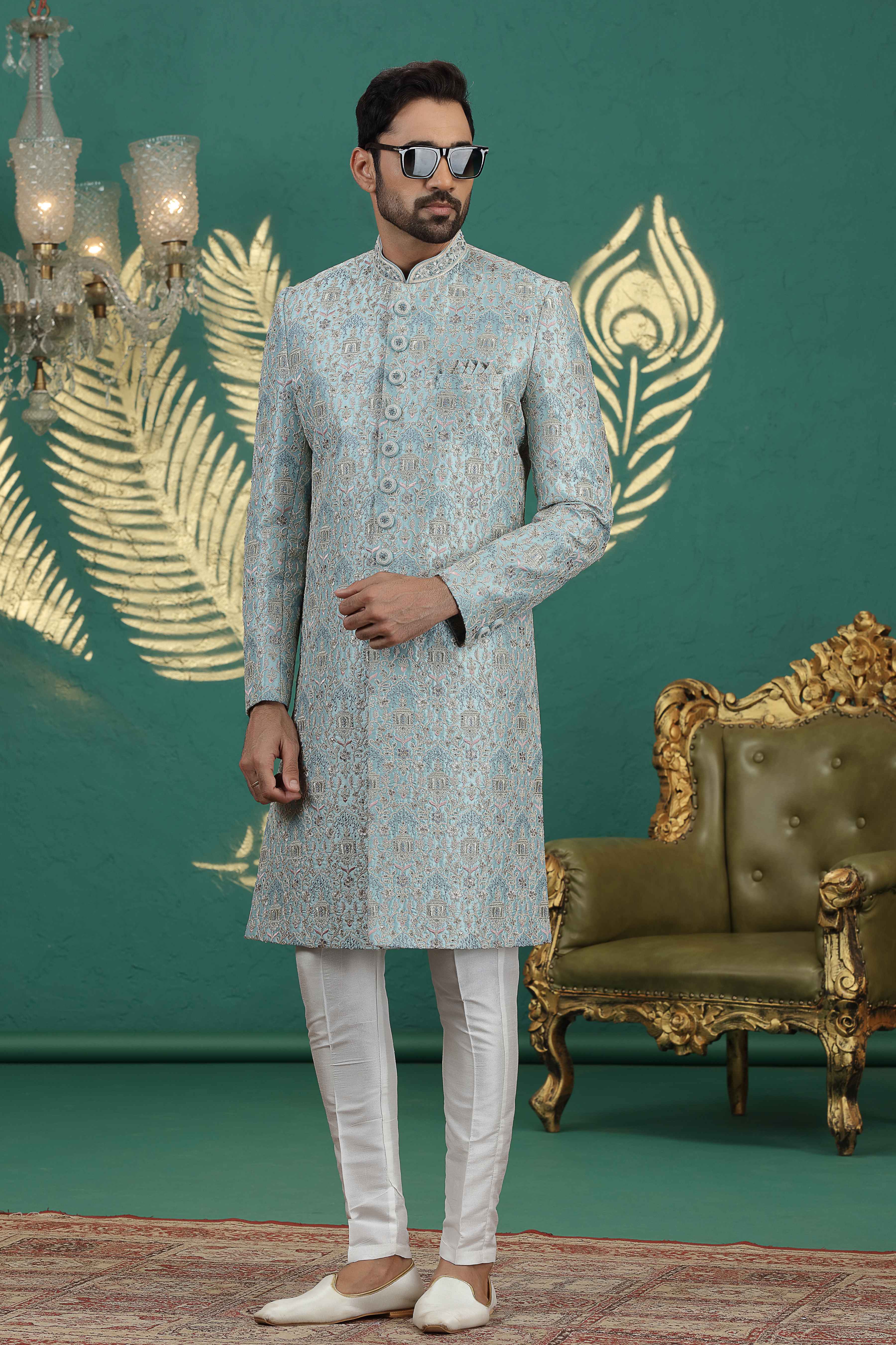Traditional green art silk sherwani for wedding
