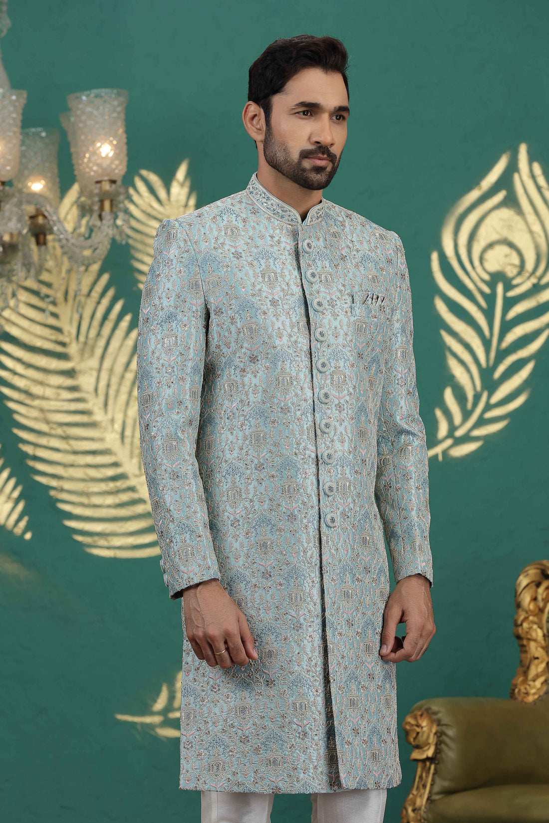 Firozi green embroidered sherwani for men