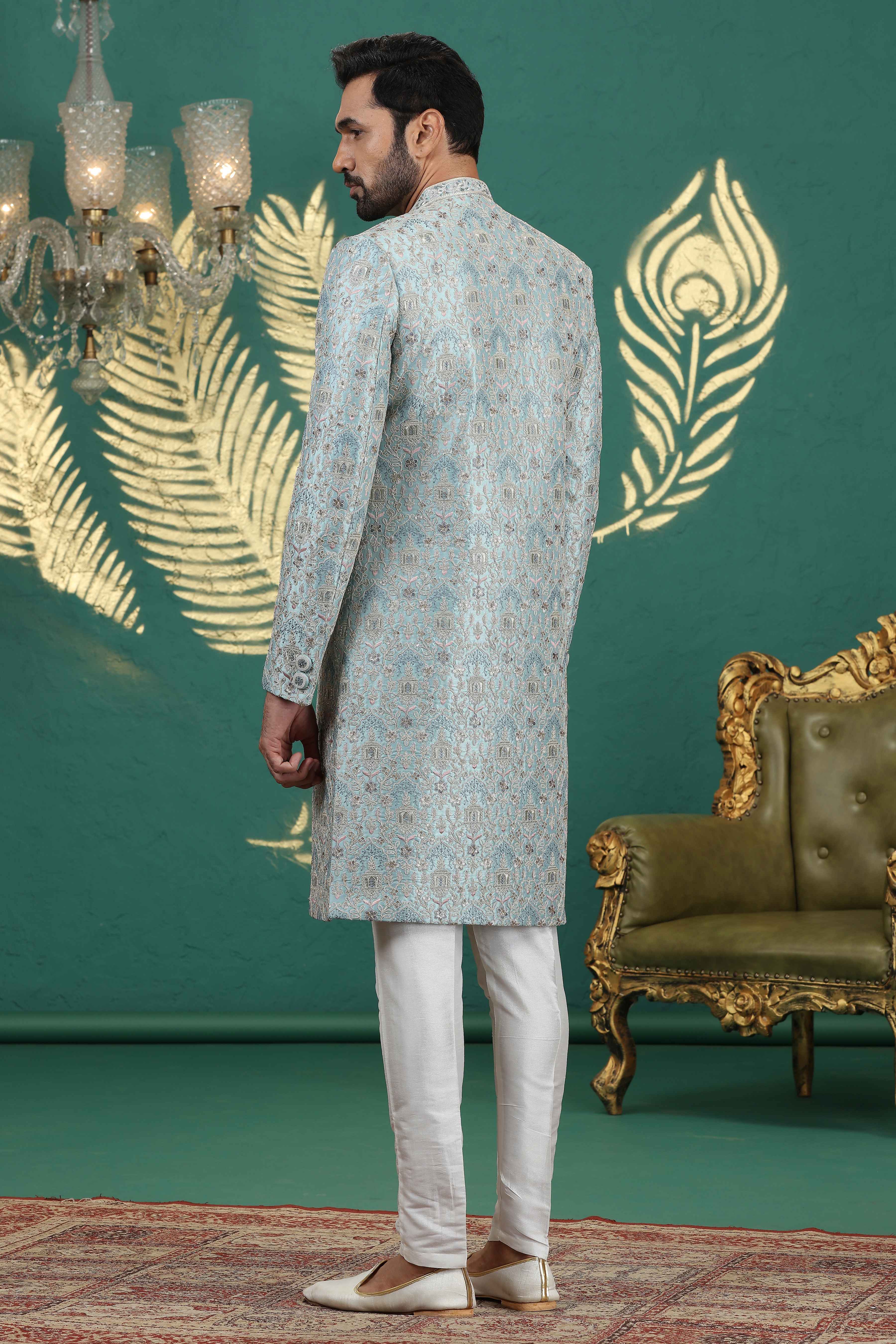 Wedding wear sherwani for men in firozi green