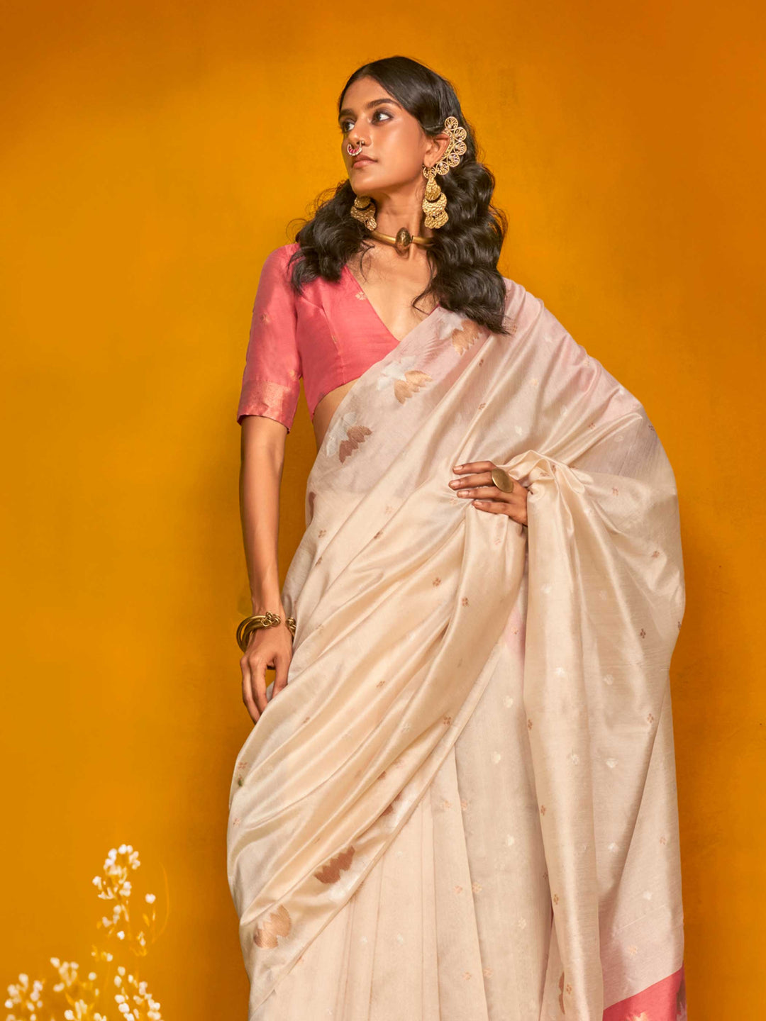 Ivory Cream Tussar Handloom Silk Saree 