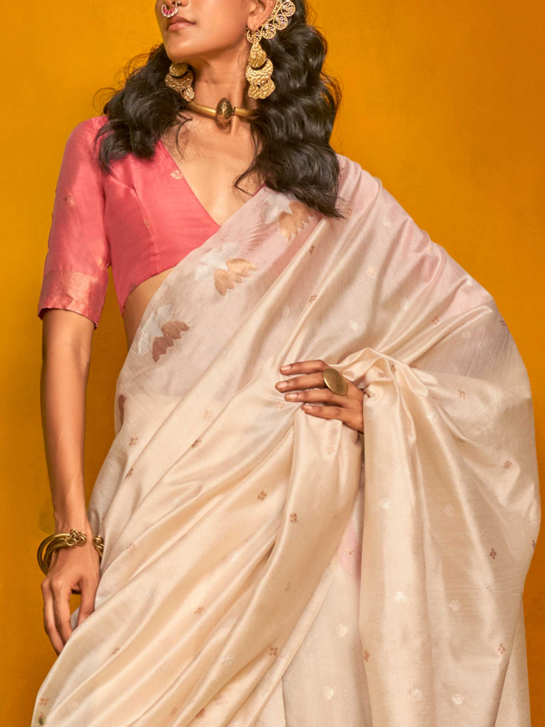 Ivory Cream Tussar Handloom Silk Saree 