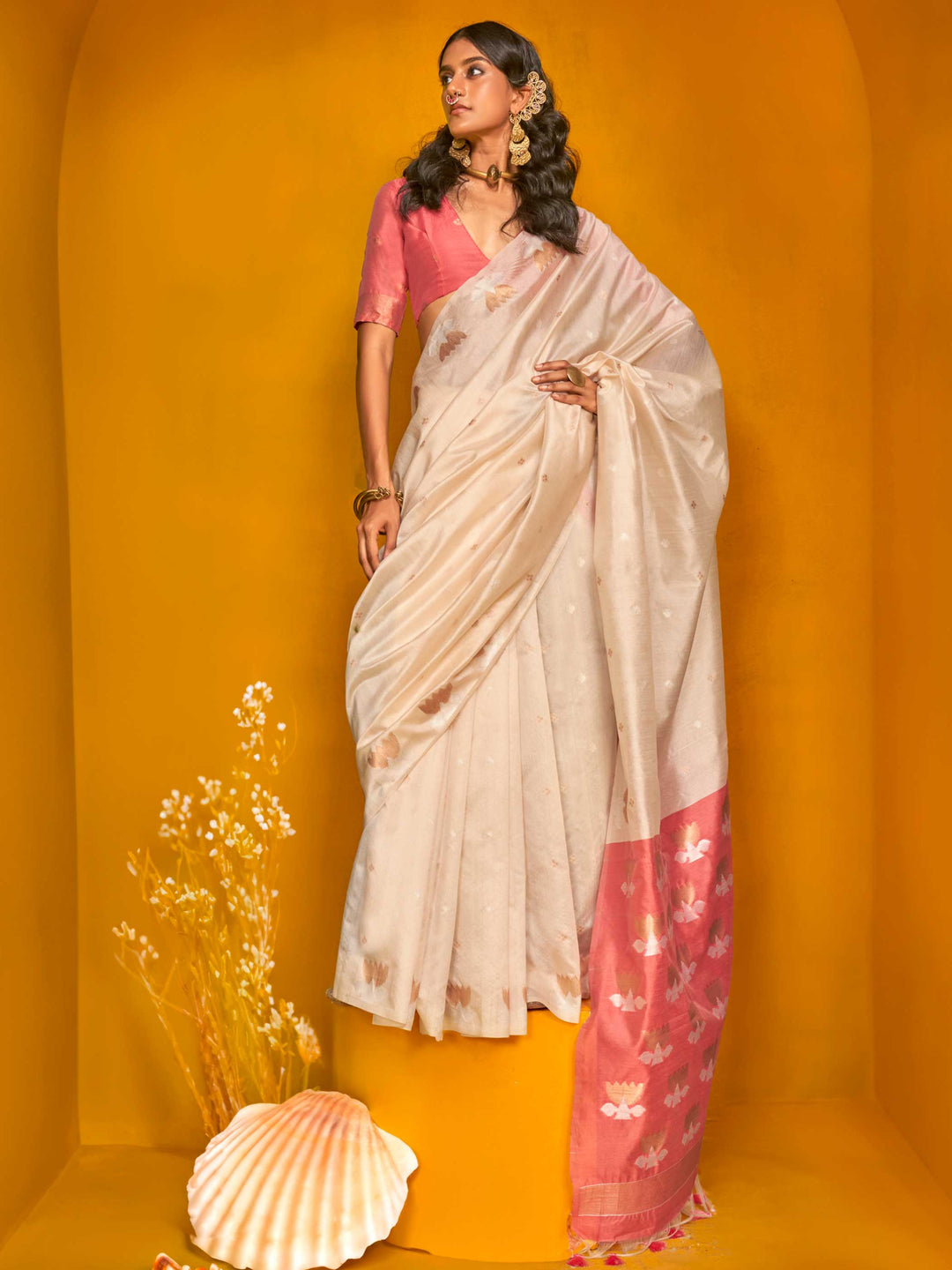 Ivory Cream Tussar Handloom Silk Saree 