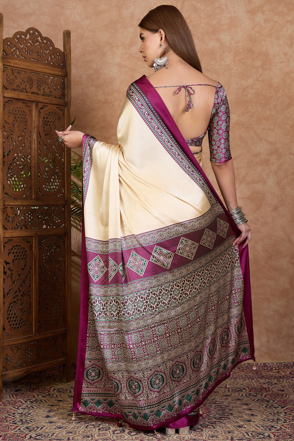 Cream and Purple Pure Soft Modal Satin Ajrakh Print Satin Saree Japan Satin Saree Anant Tex Exports Pvt.Ltd..