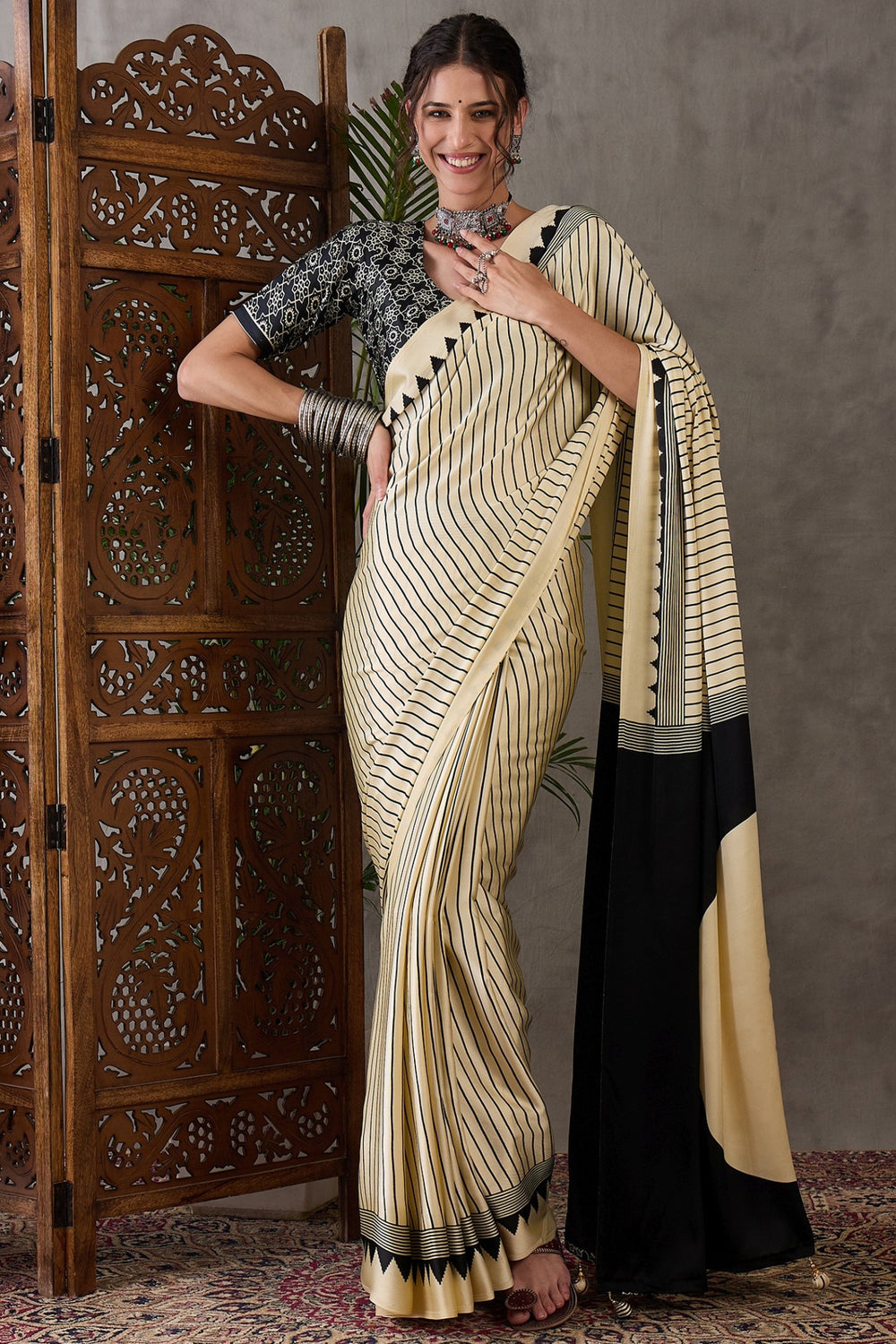White Printed Satin Gaji Silk Saree 