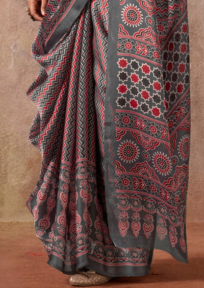 Grey Ajrakh Printed Satin Georgette Silk Saree 