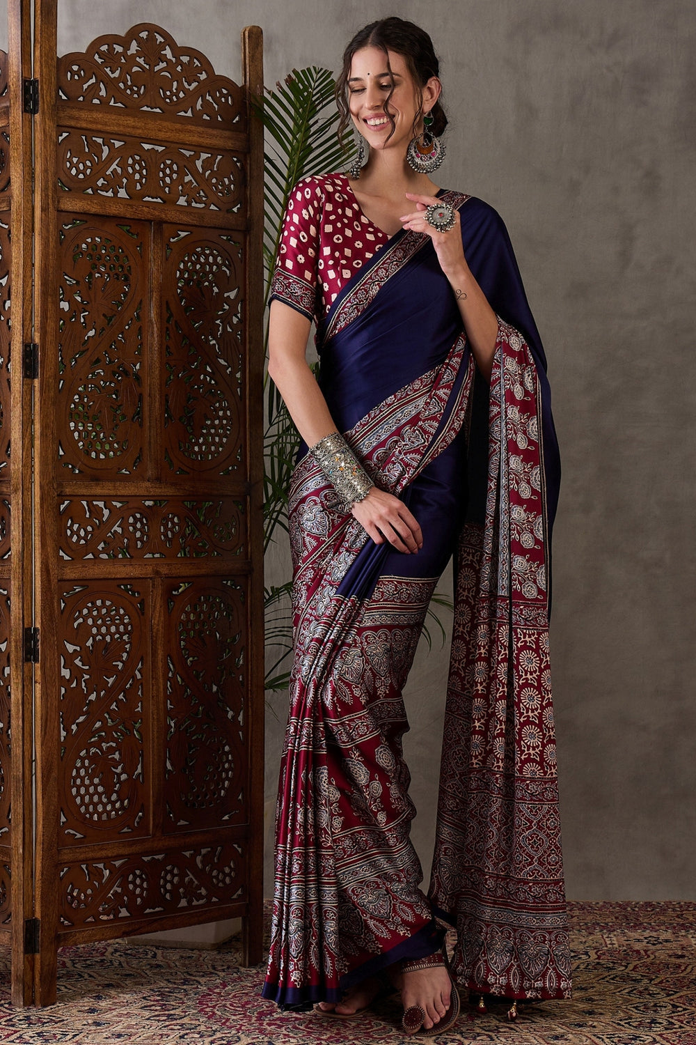 Navy Blue Pure Soft Modal Satin Ajrakh Print Satin Saree Japan Satin Saree Anant Tex Exports Pvt.Ltd..
