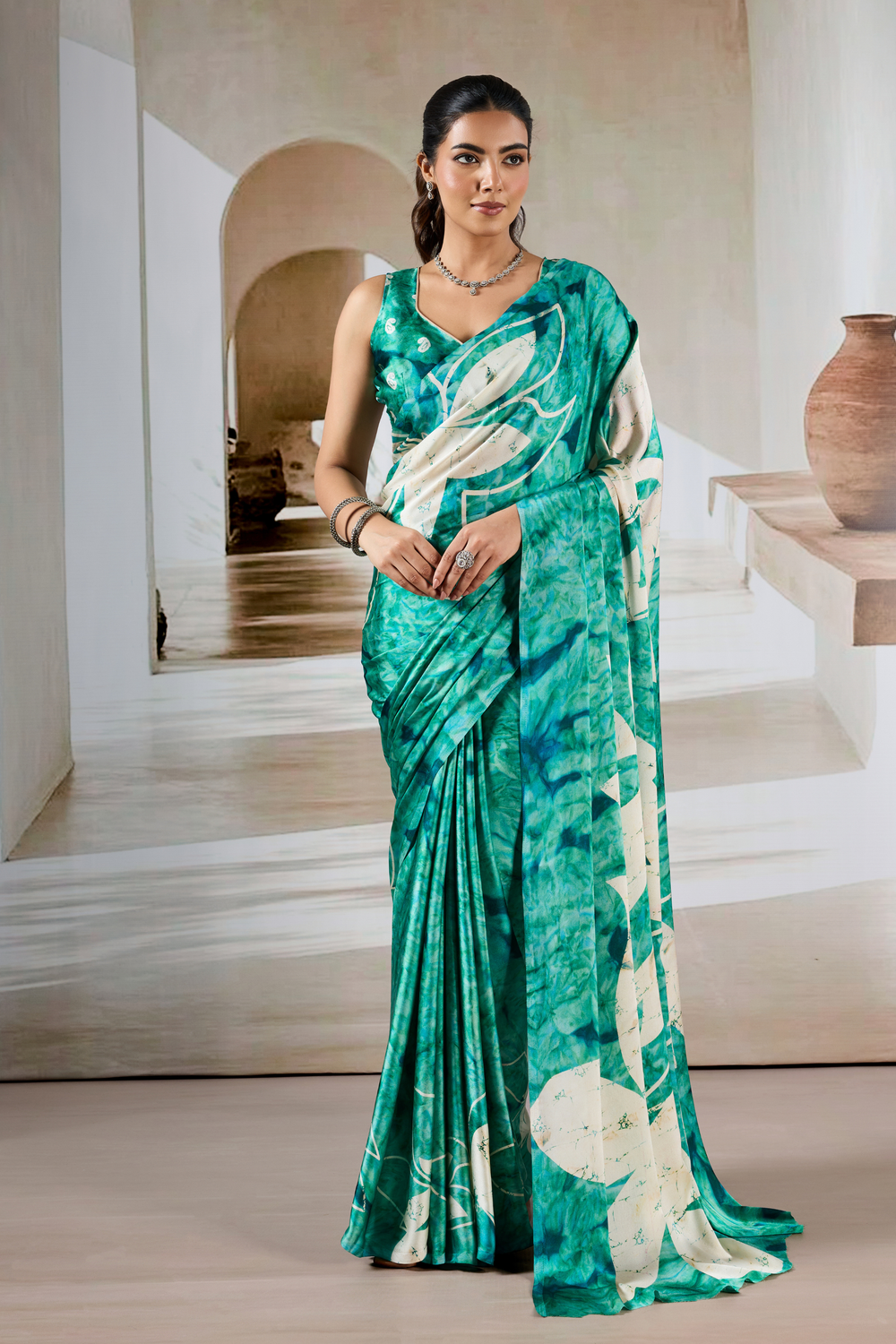 Sea Green Modal Satin Hand Prism Print Saree 