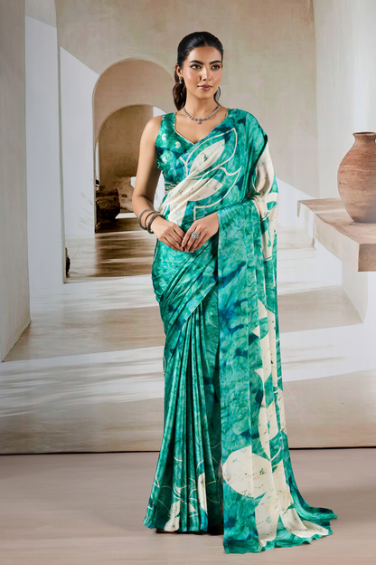Sea Green Modal Satin Hand Prism Print Saree 