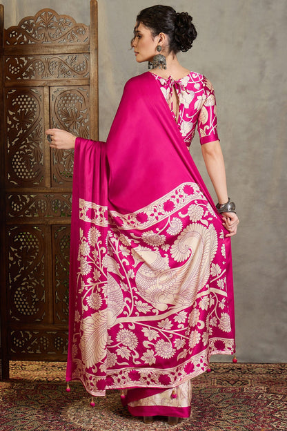 Pink Kalamkari Printed Satin Silk Saree 