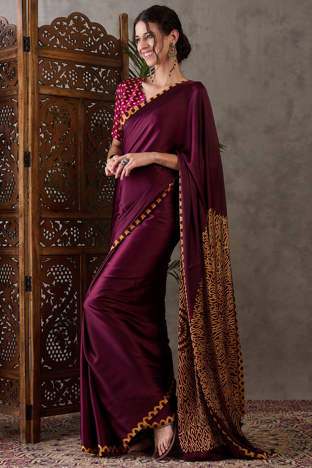 Maroon Pure Gaji Silk Satin Printed Saree ##color## Japan Satin Saree with premium fabric and embroidery