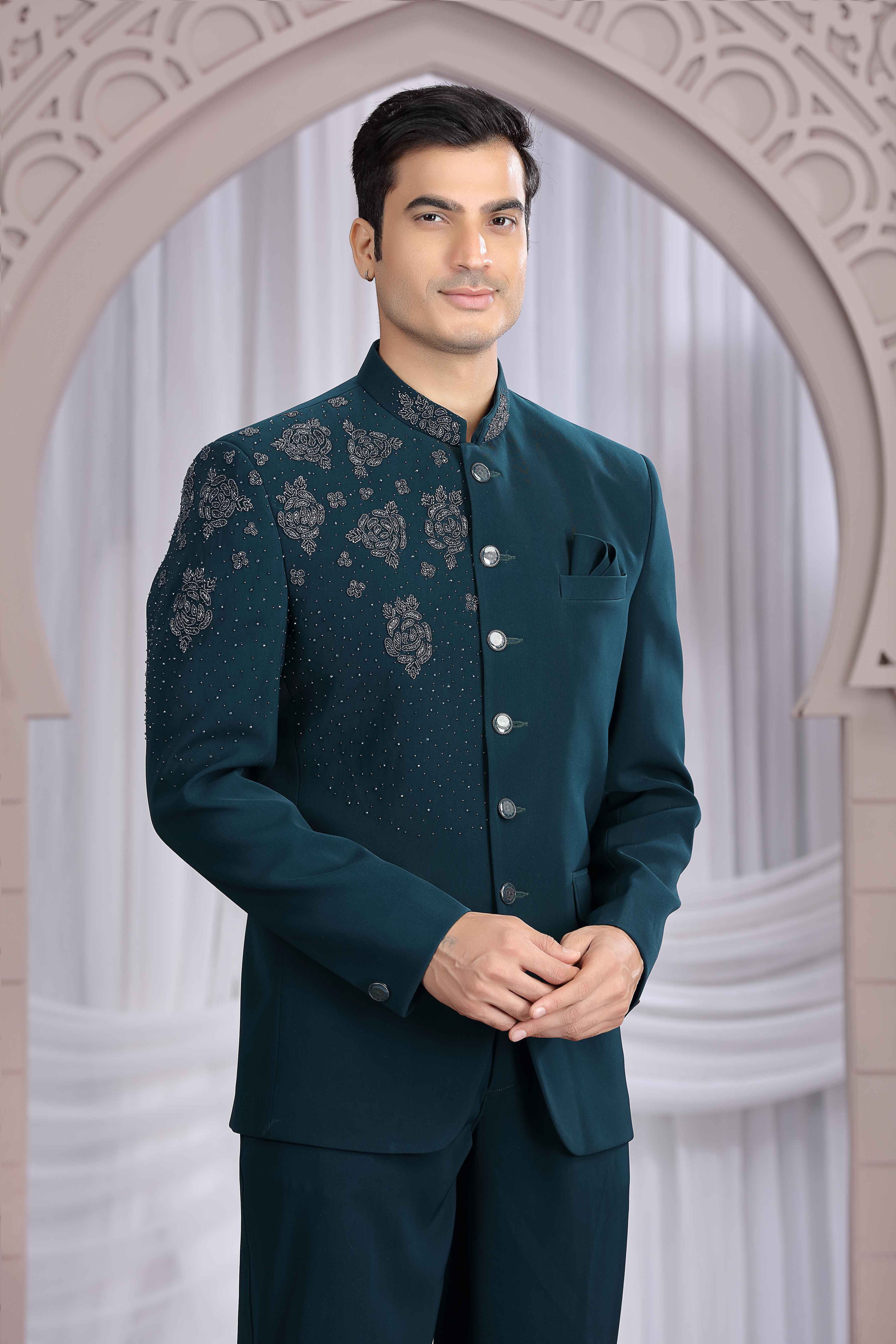 Dark Green Designer Jodhpuri Suit for Men with Hand Work