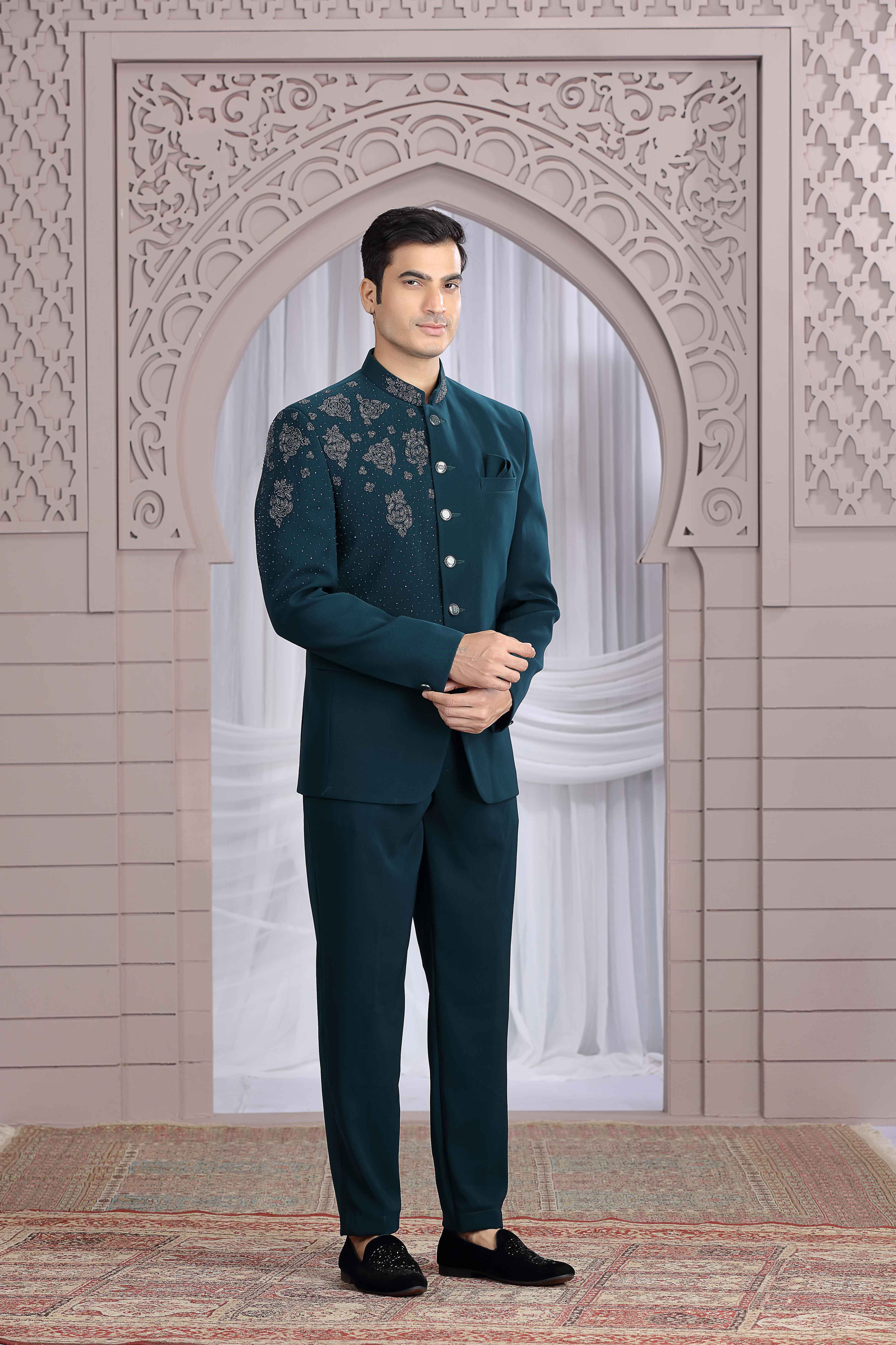 Dark Green Designer Jodhpuri Suit for Men with Hand Work