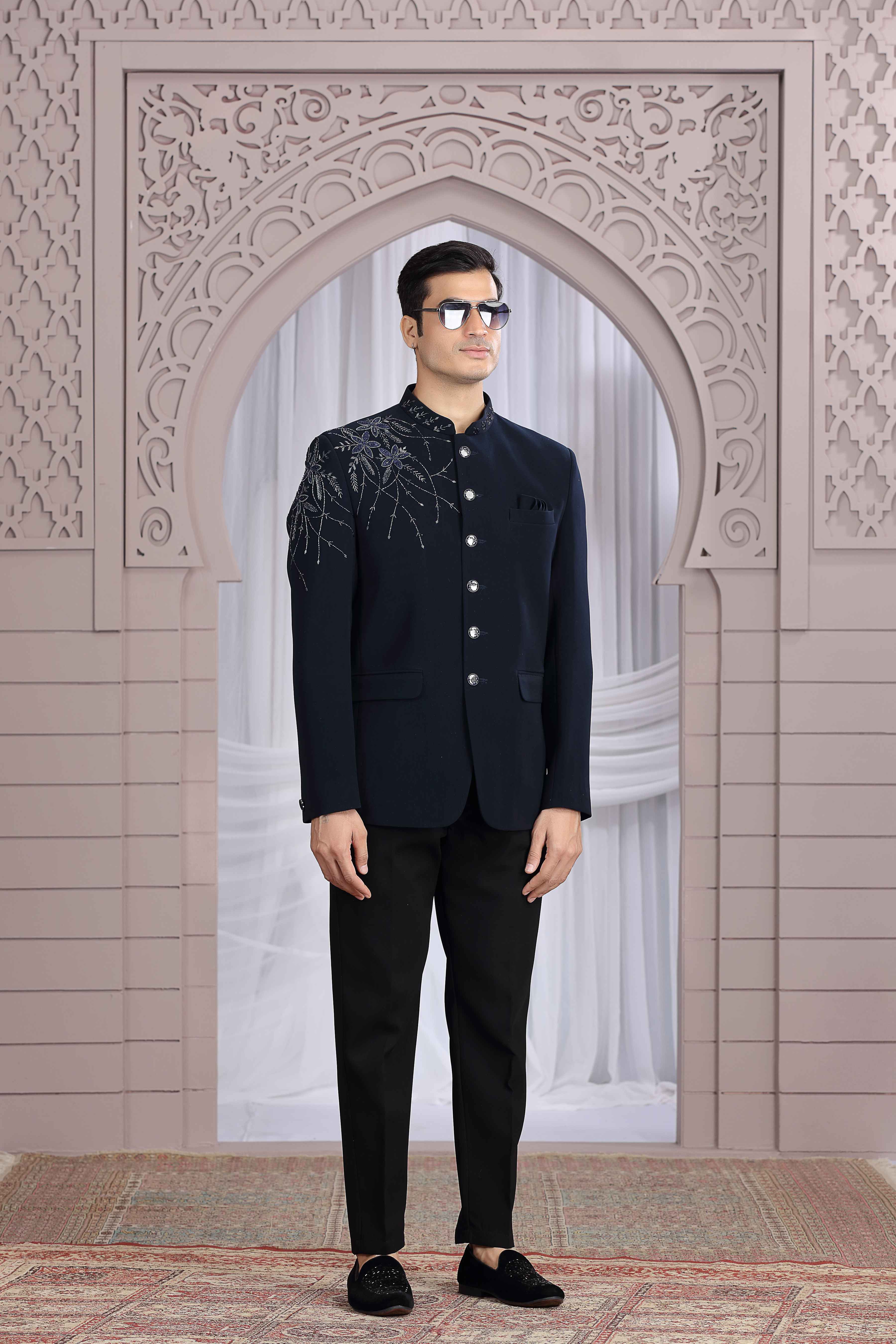 Navy Blue Jodhpuri Suit for Men with Hand Work