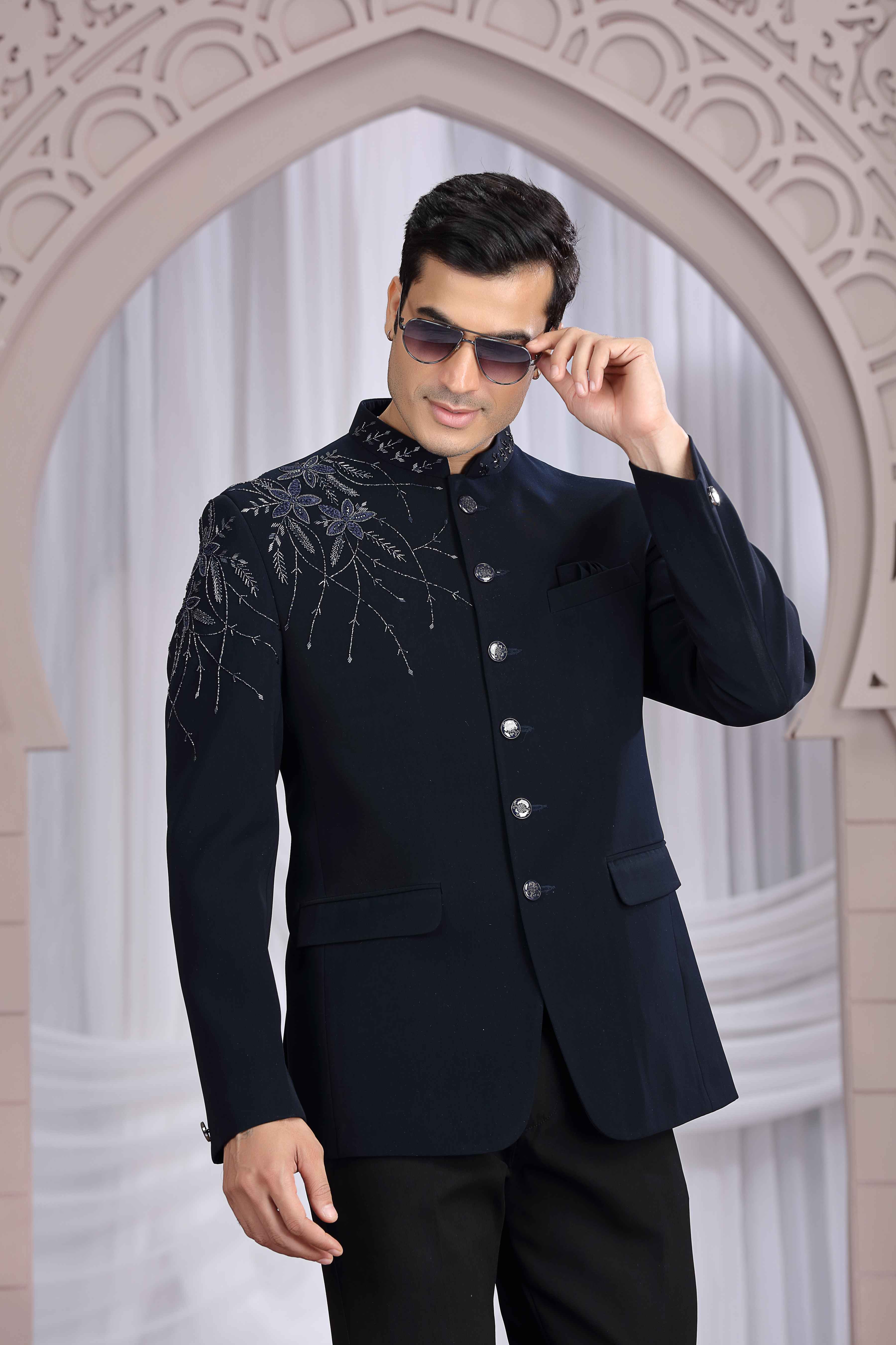 Navy Blue Jodhpuri Suit for Men with Hand Work