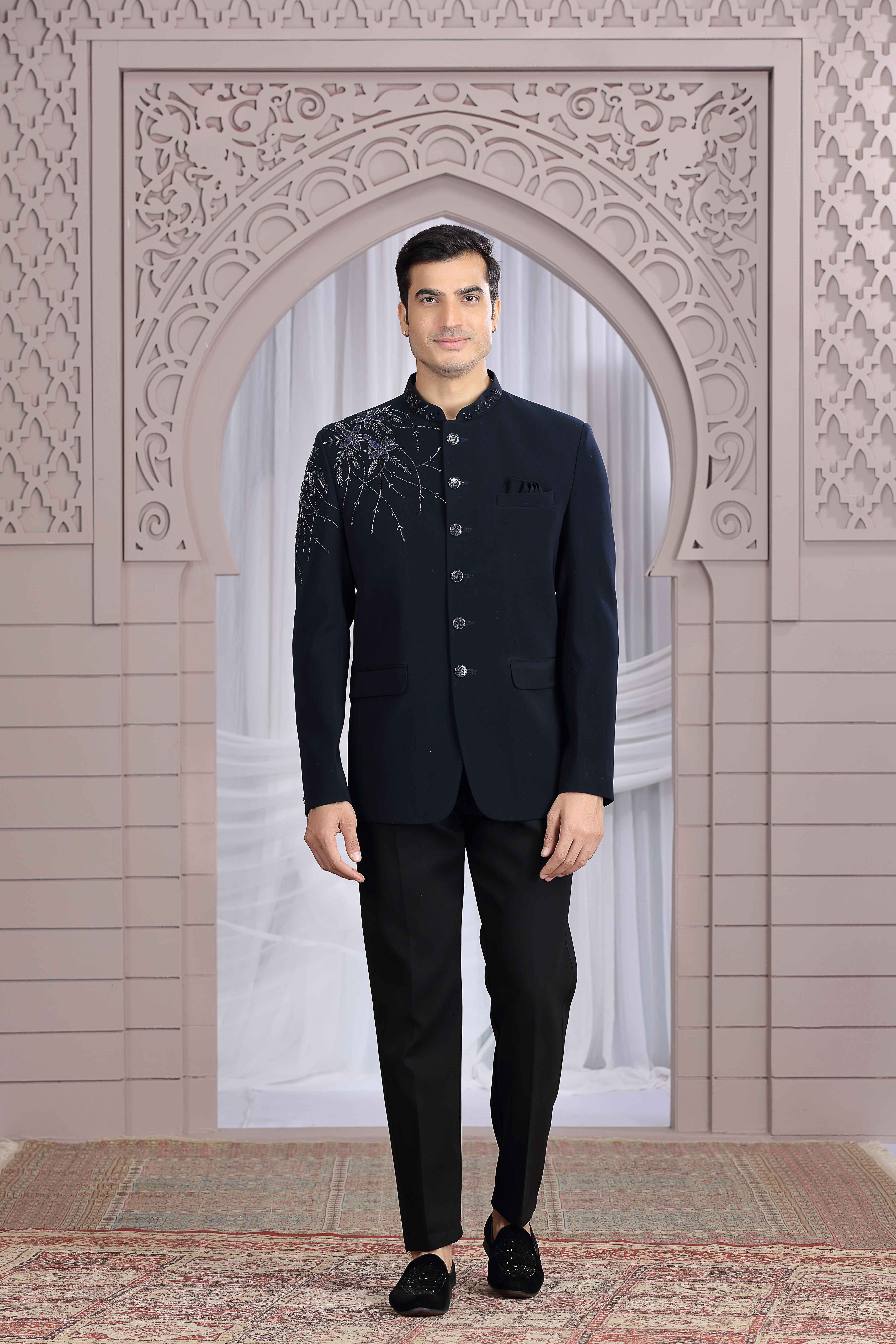 Navy Blue Jodhpuri Suit for Men with Hand Work