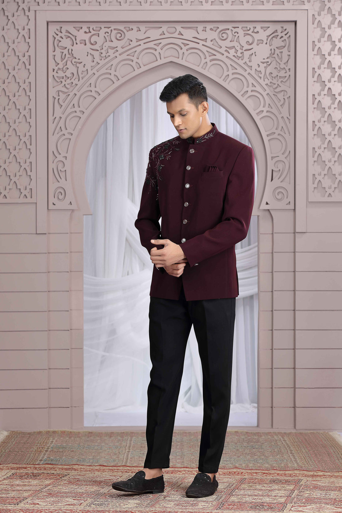 Wine Color Premium Jodhpuri Suit with Hand Crafted Detailing Jodhpuri suit Anant Tex Exports Pvt.Ltd..