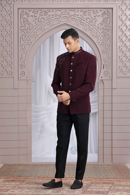 Wine Color Premium Jodhpuri Suit with Hand Crafted Detailing Jodhpuri suit Anant Tex Exports Pvt.Ltd..