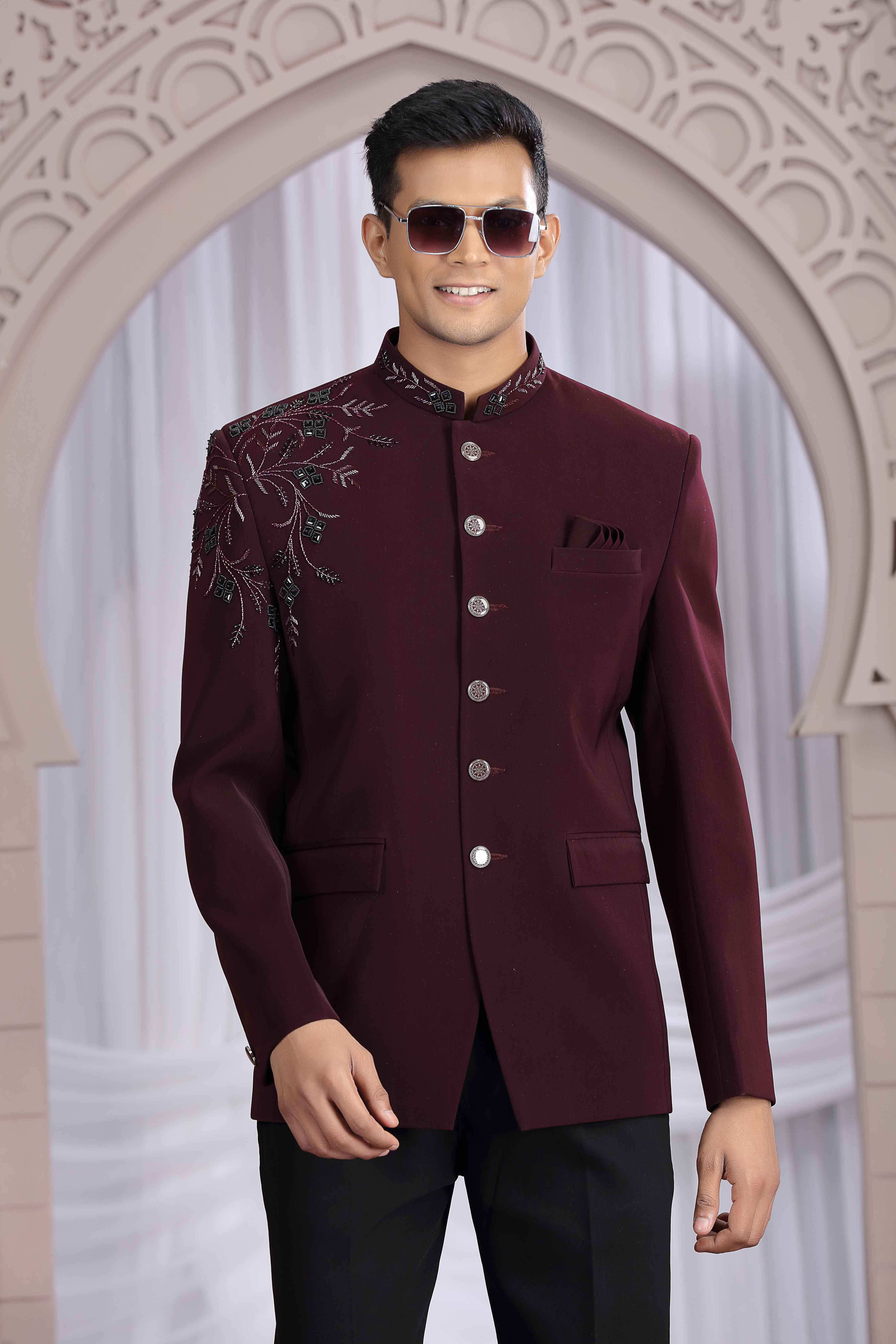 Wine Color Premium Jodhpuri Suit with Hand Crafted Detailing