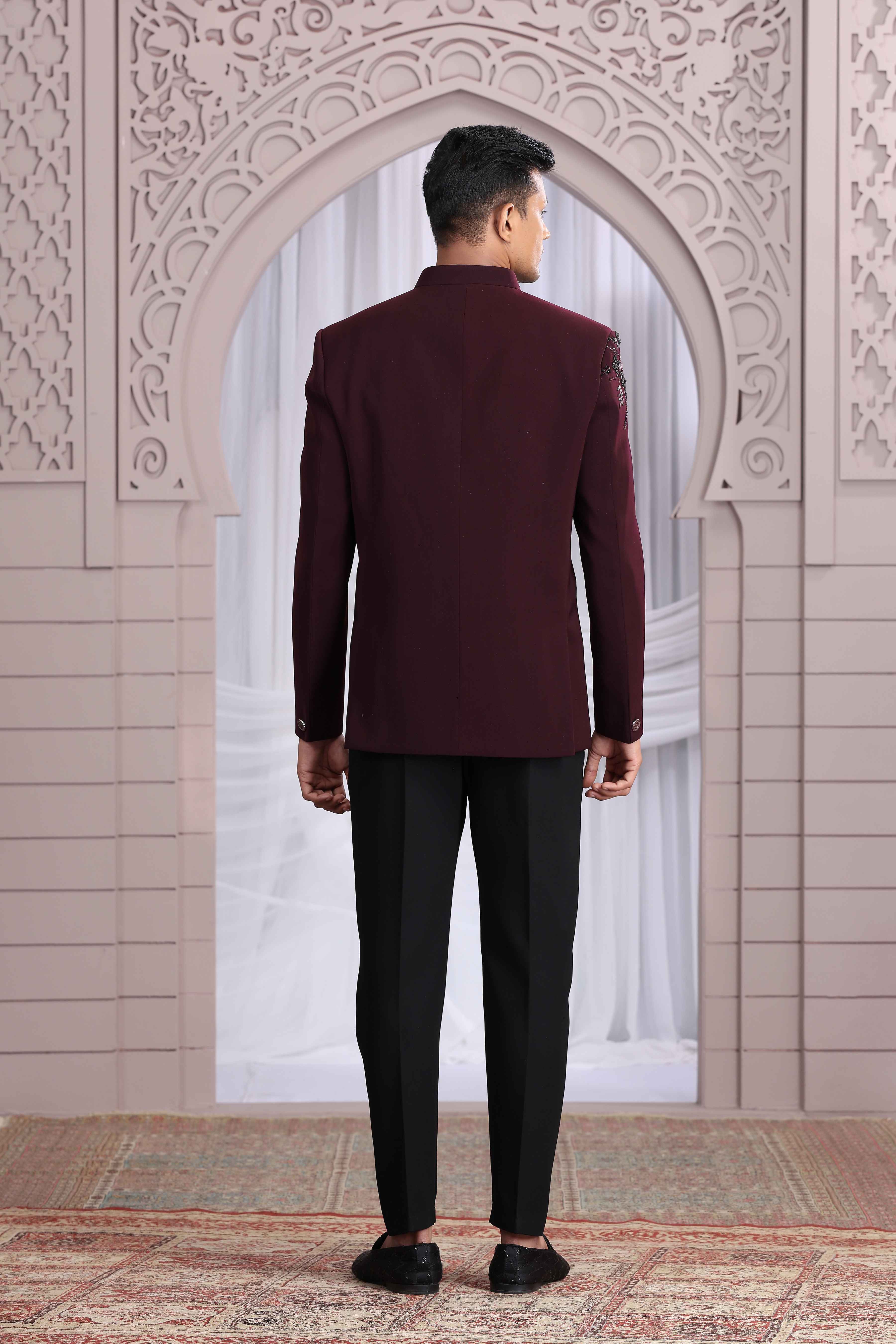 Wine Color Premium Jodhpuri Suit with Hand Crafted Detailing