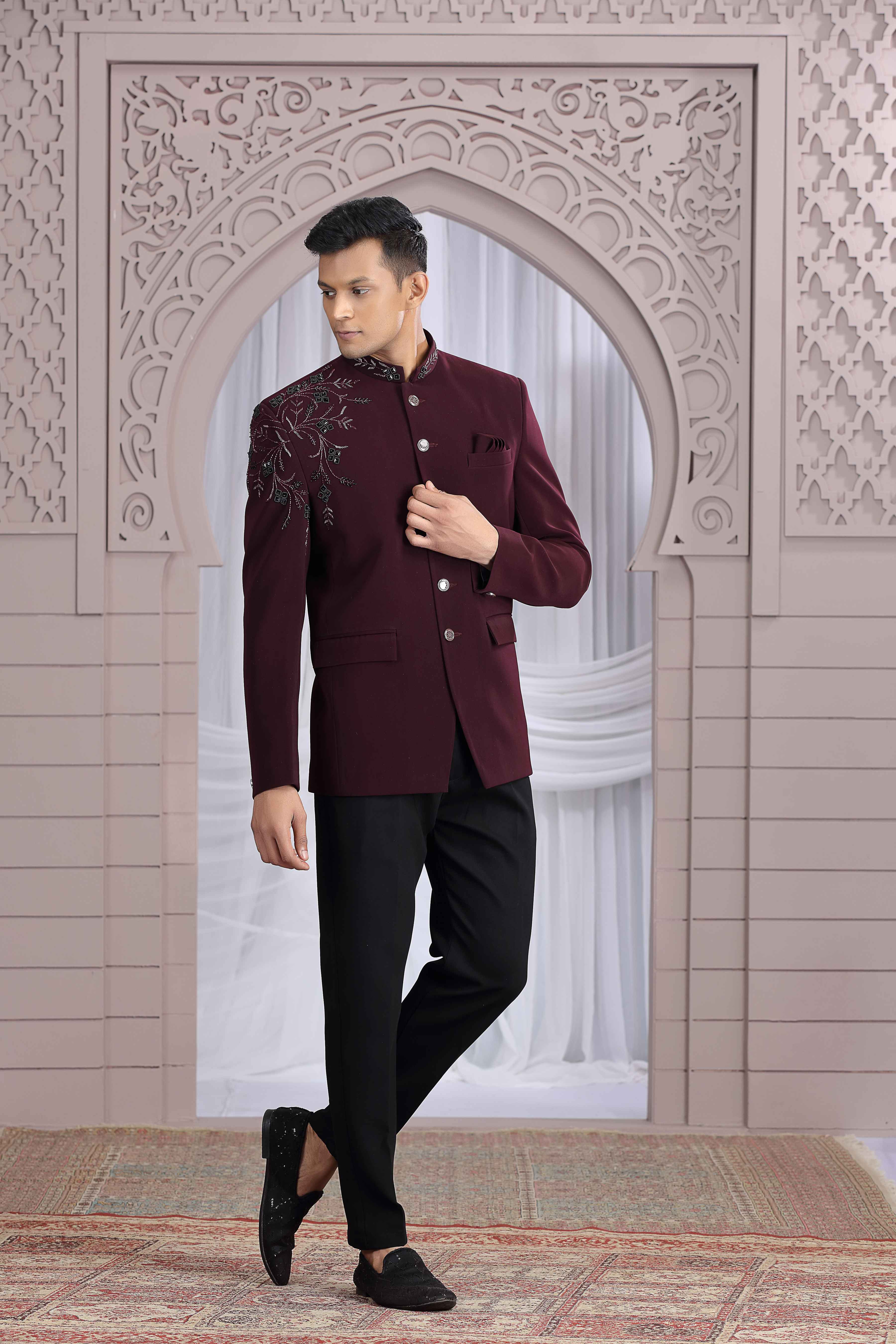 Wine Color Premium Jodhpuri Suit with Hand Crafted Detailing