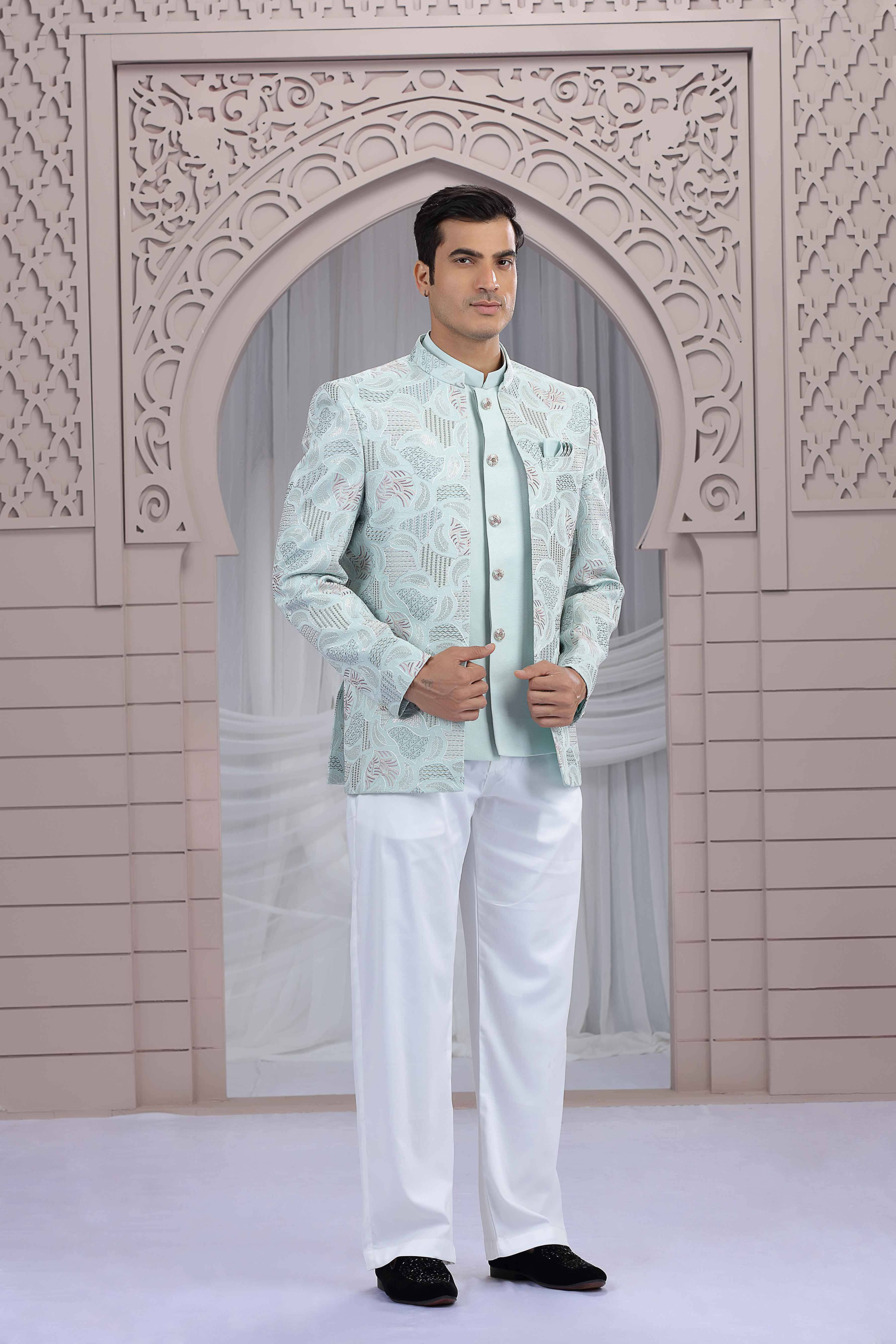 Pista Green Jodhpuri Suit for Men with Embroidered Thread Work