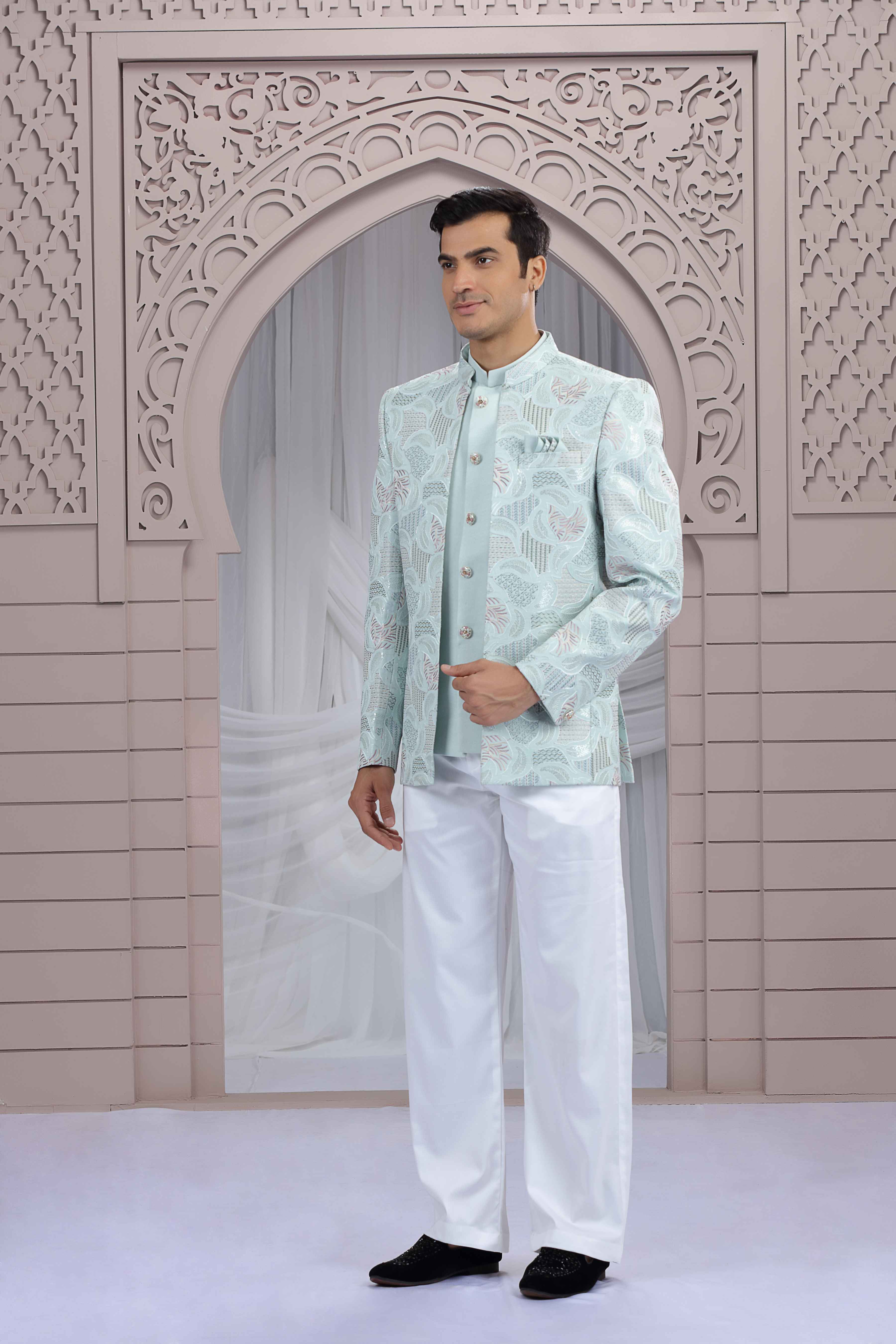 Pista Green Jodhpuri Suit for Men with Embroidered Thread Work