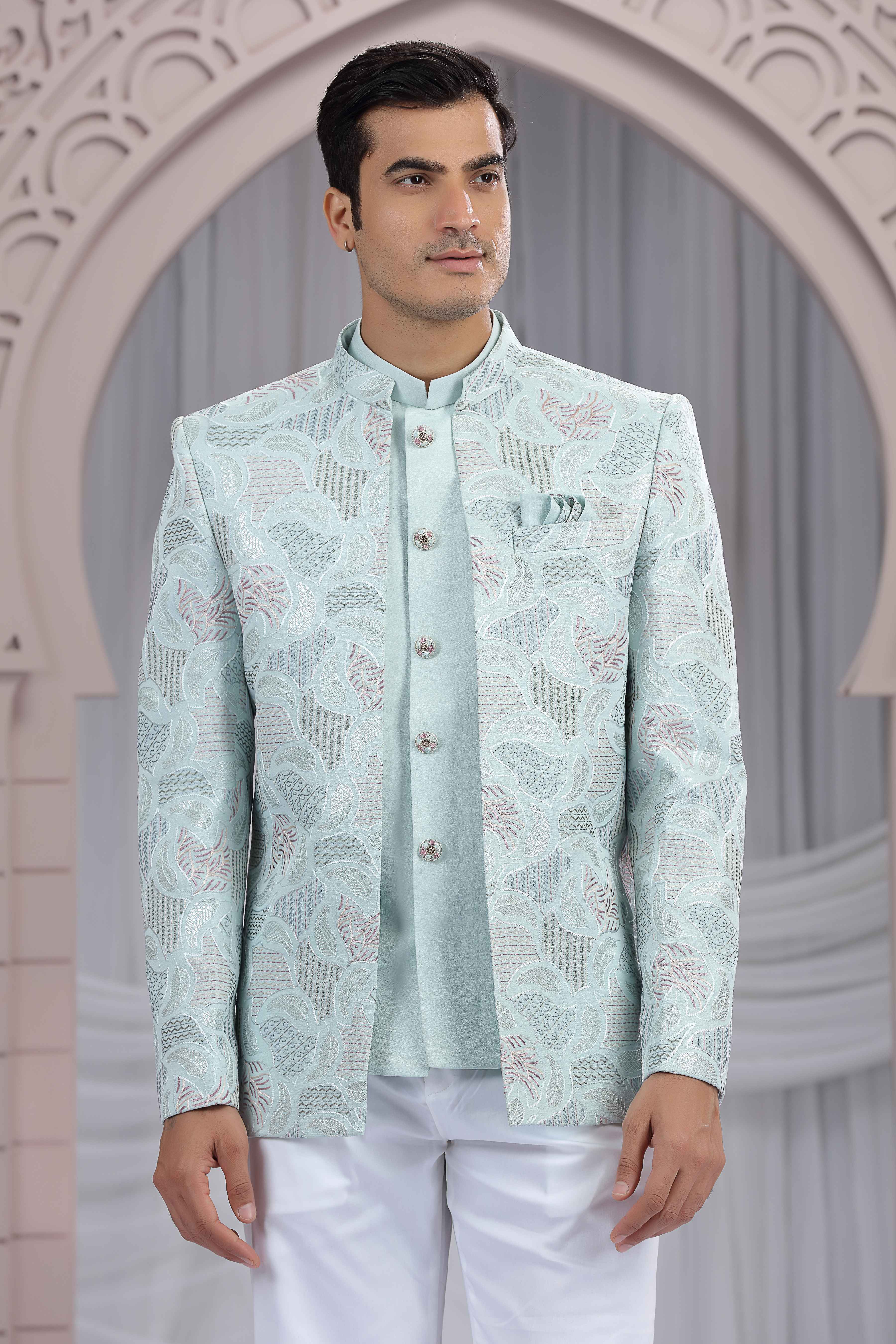 Pista Green Jodhpuri Suit for Men with Embroidered Thread Work