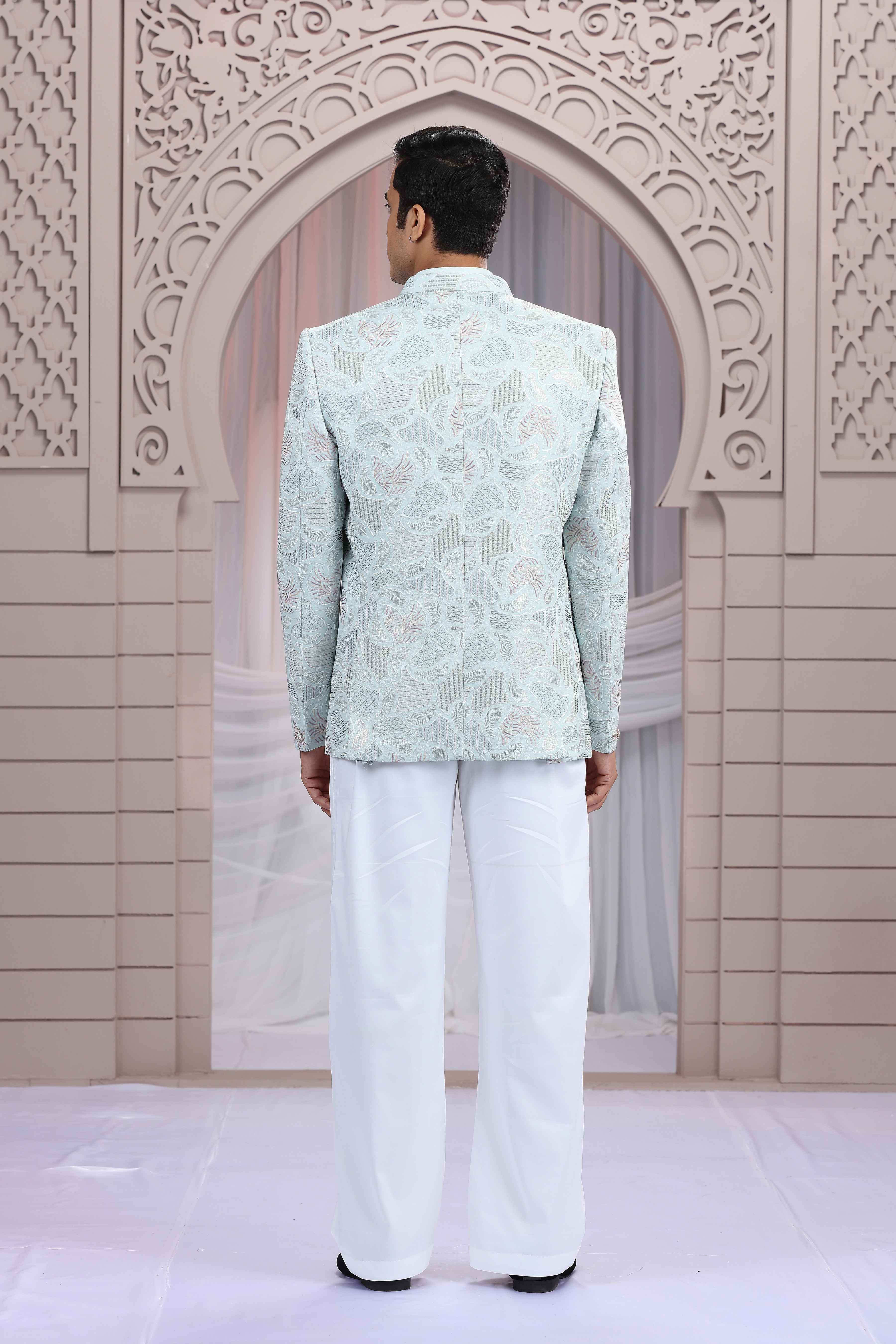 Pista Green Jodhpuri Suit for Men with Embroidered Thread Work