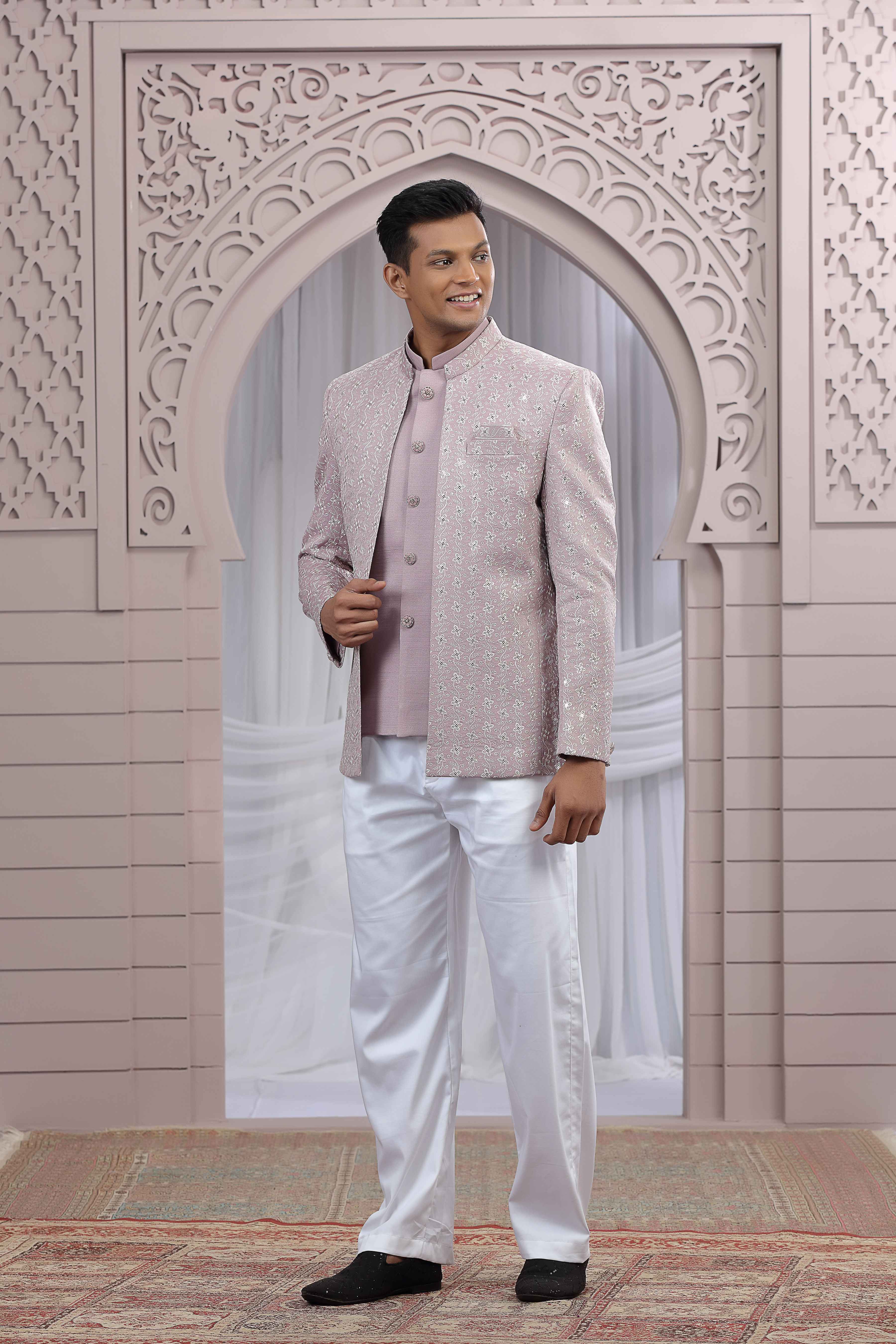 Onion Pink Jodhpuri Suit for Men with Thread Work