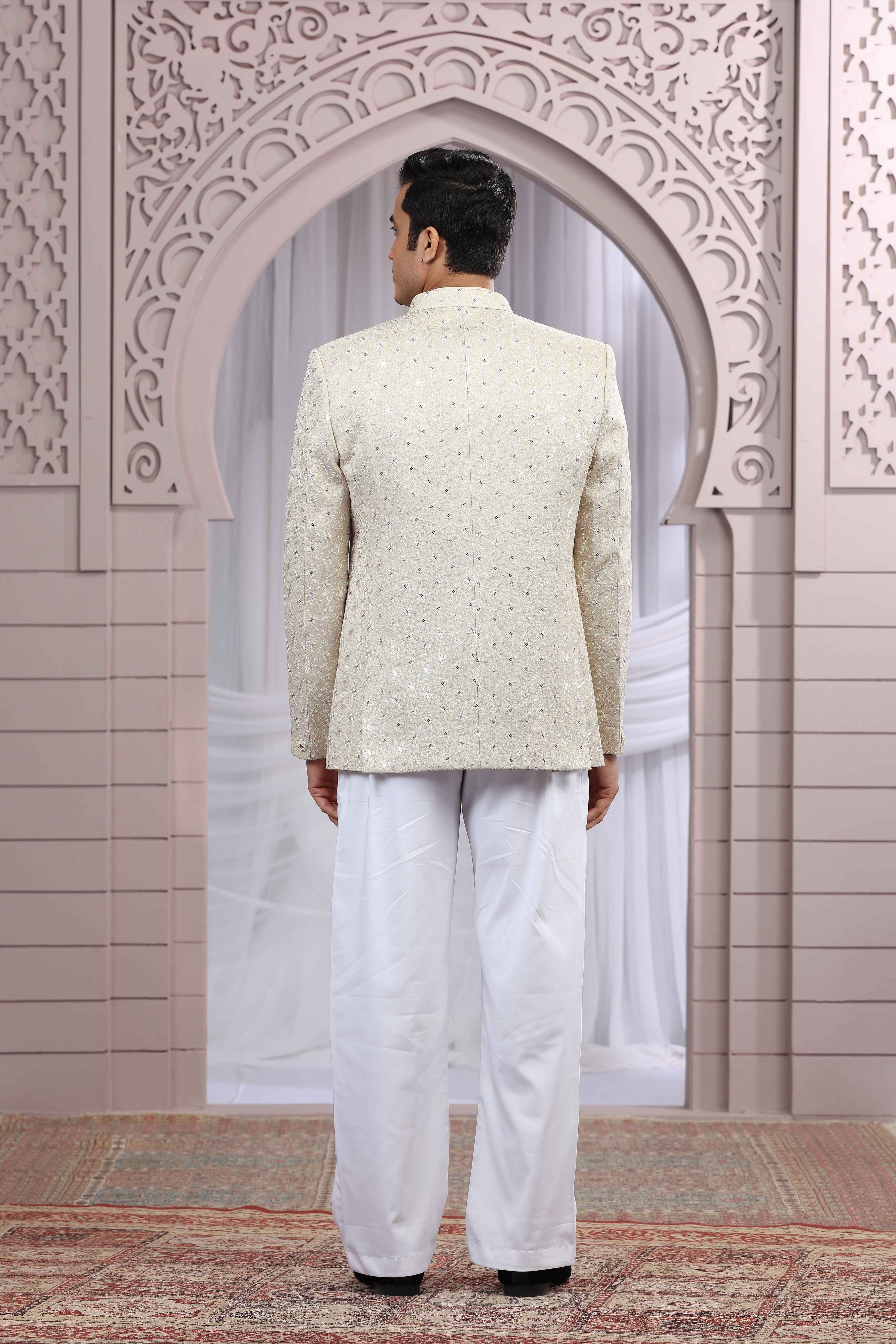 Beige Jodhpuri Suit with Thread Work Jacket Jodhpuri suit Anant Tex Exports Pvt.Ltd..