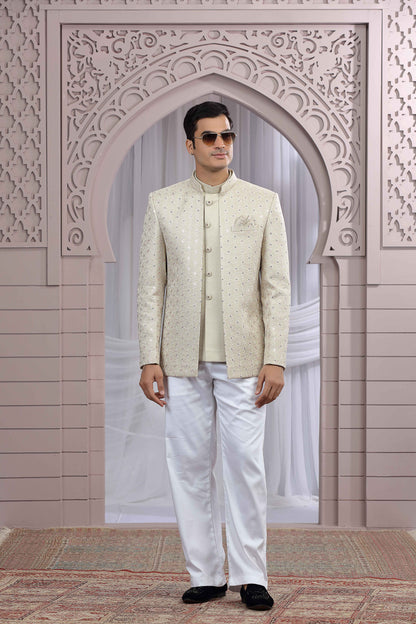 Beige Jodhpuri Suit with Thread Work Jacket Jodhpuri suit Anant Tex Exports Pvt.Ltd..