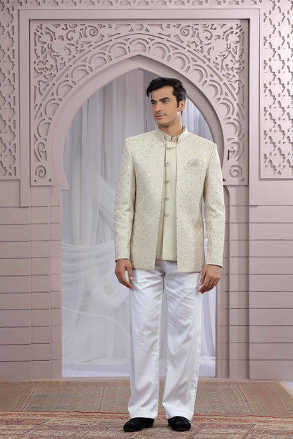 Beige Jodhpuri Suit with Thread Work Jacket Jodhpuri suit Anant Tex Exports Pvt.Ltd..