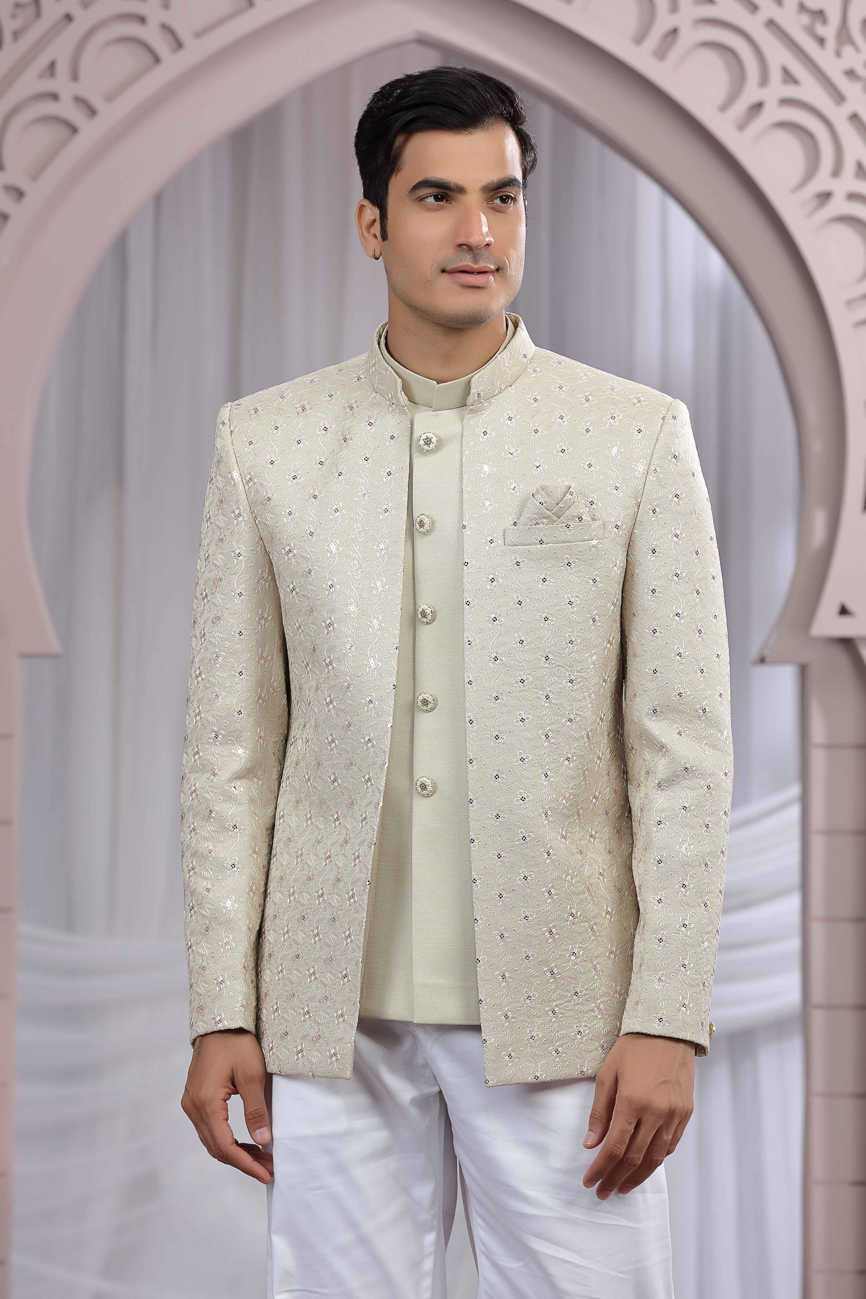 Beige Jodhpuri Suit with Thread Work Jacket