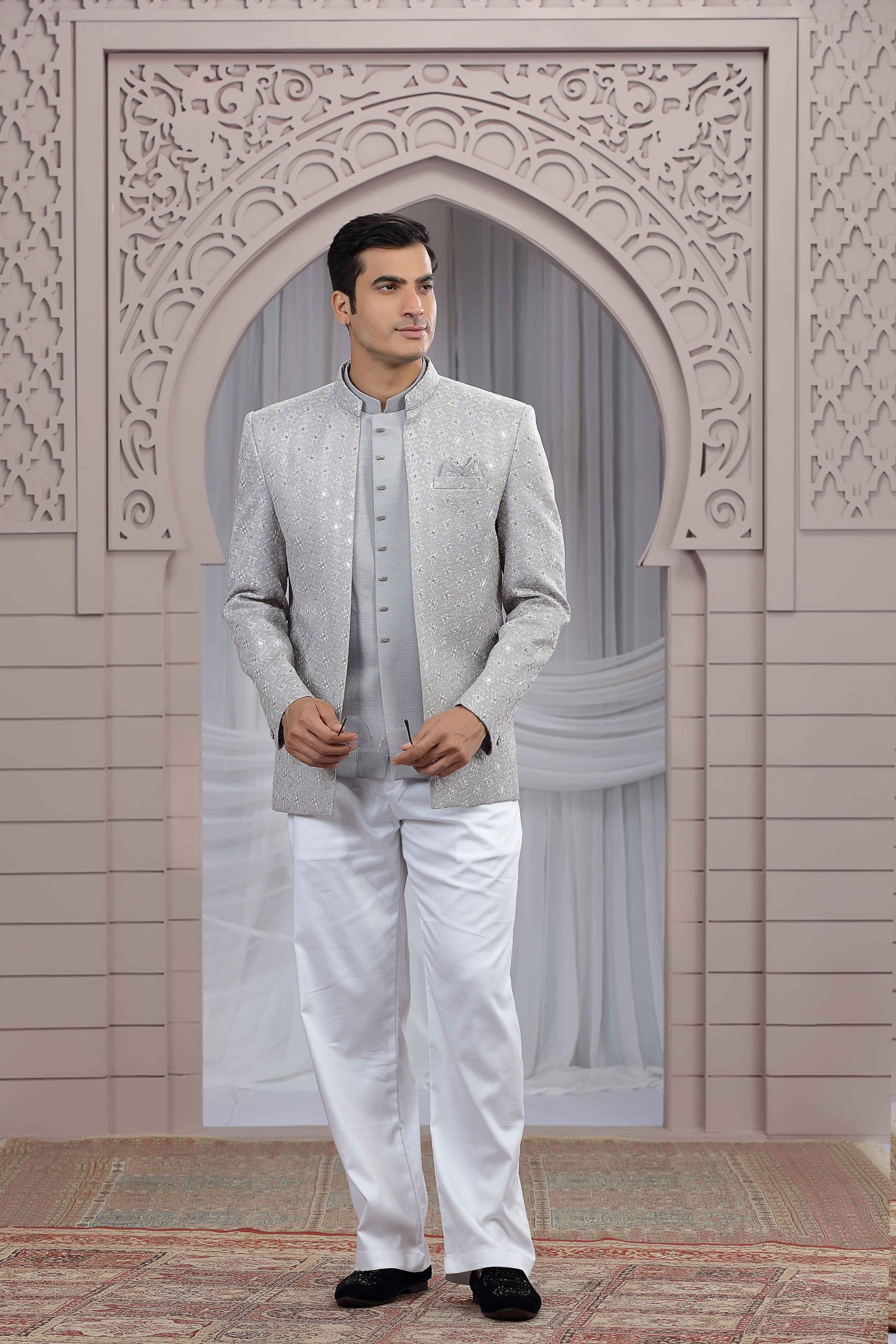 jodhpuri dress for men Grey Jodhpuri Suit for Men with Detailed Thread Work Grey / XL-42