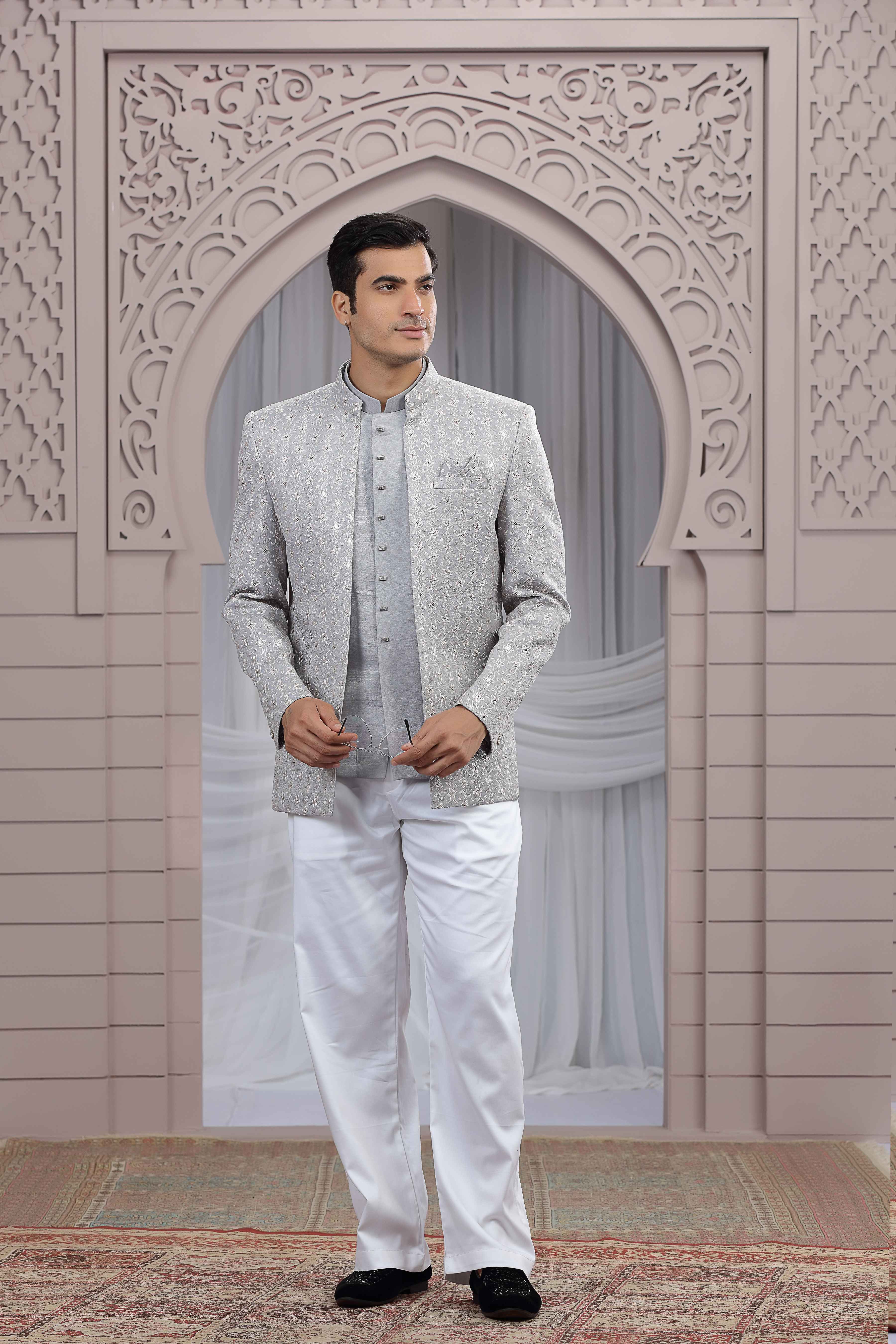 Grey Jodhpuri Suit for Men with Detailed Thread Work