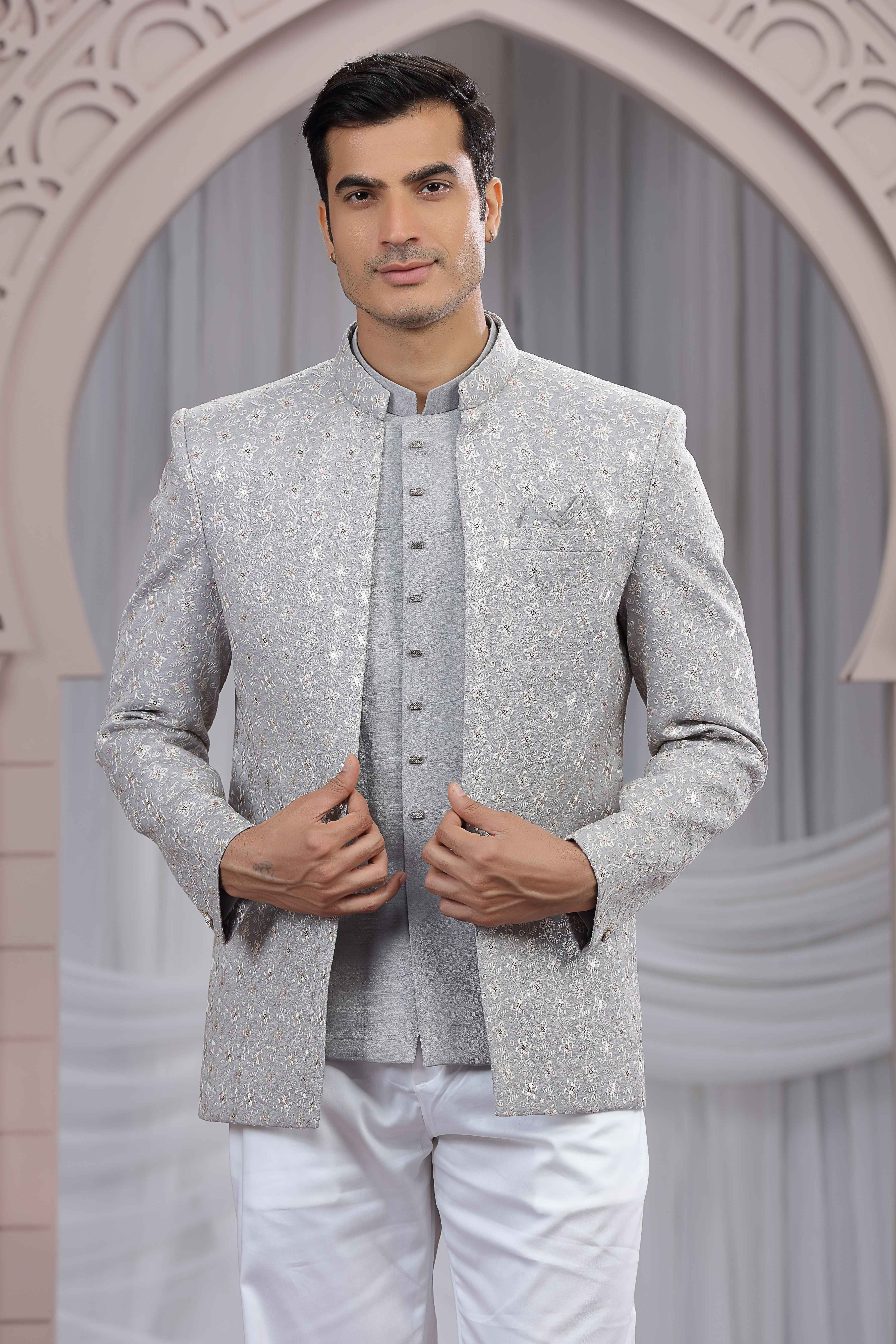 Grey Jodhpuri Suit for Men with Detailed Thread Work