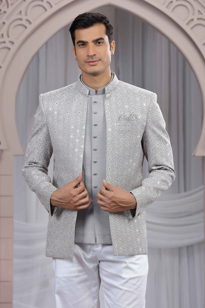 Grey Jodhpuri Suit for Men with Detailed Thread Work Jodhpuri suit Anant Tex Exports Pvt.Ltd..