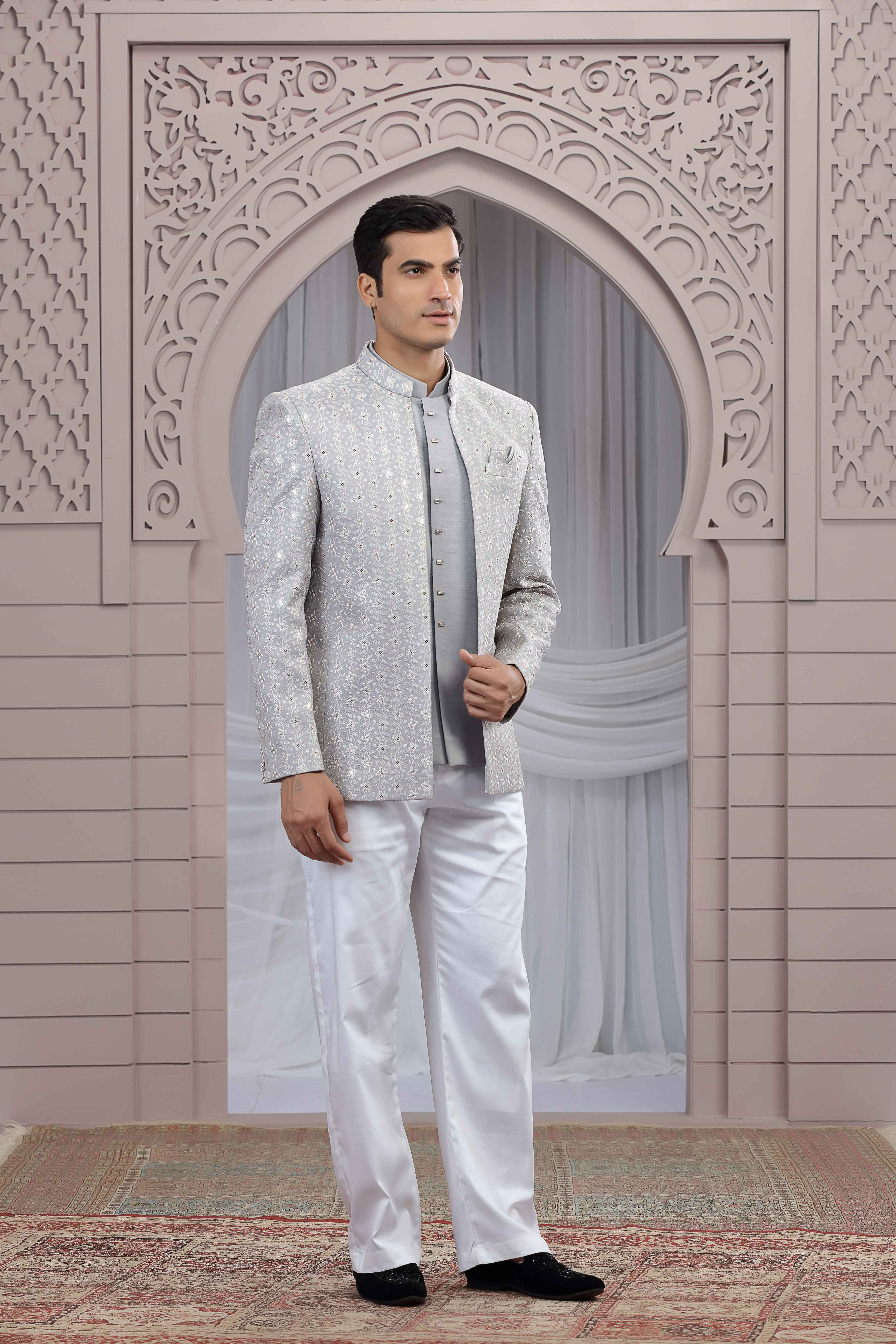 Grey Jodhpuri Suit for Men with Detailed Thread Work Jodhpuri suit Anant Tex Exports Pvt.Ltd..