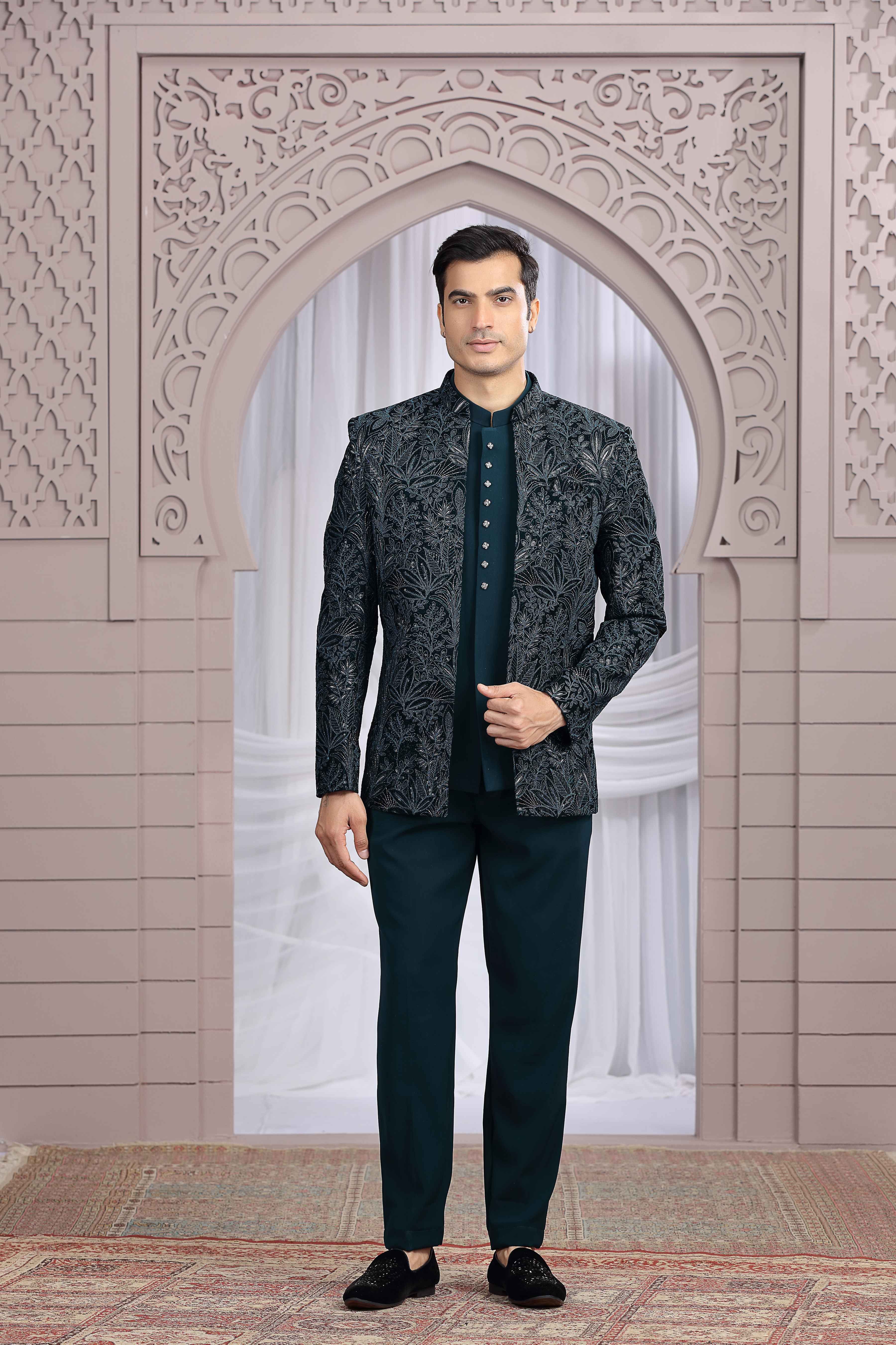 Royal Teal Green Jodhpuri Suit with Embroidered Jacket Jodhpuri suit Anant Tex Exports Pvt.Ltd..