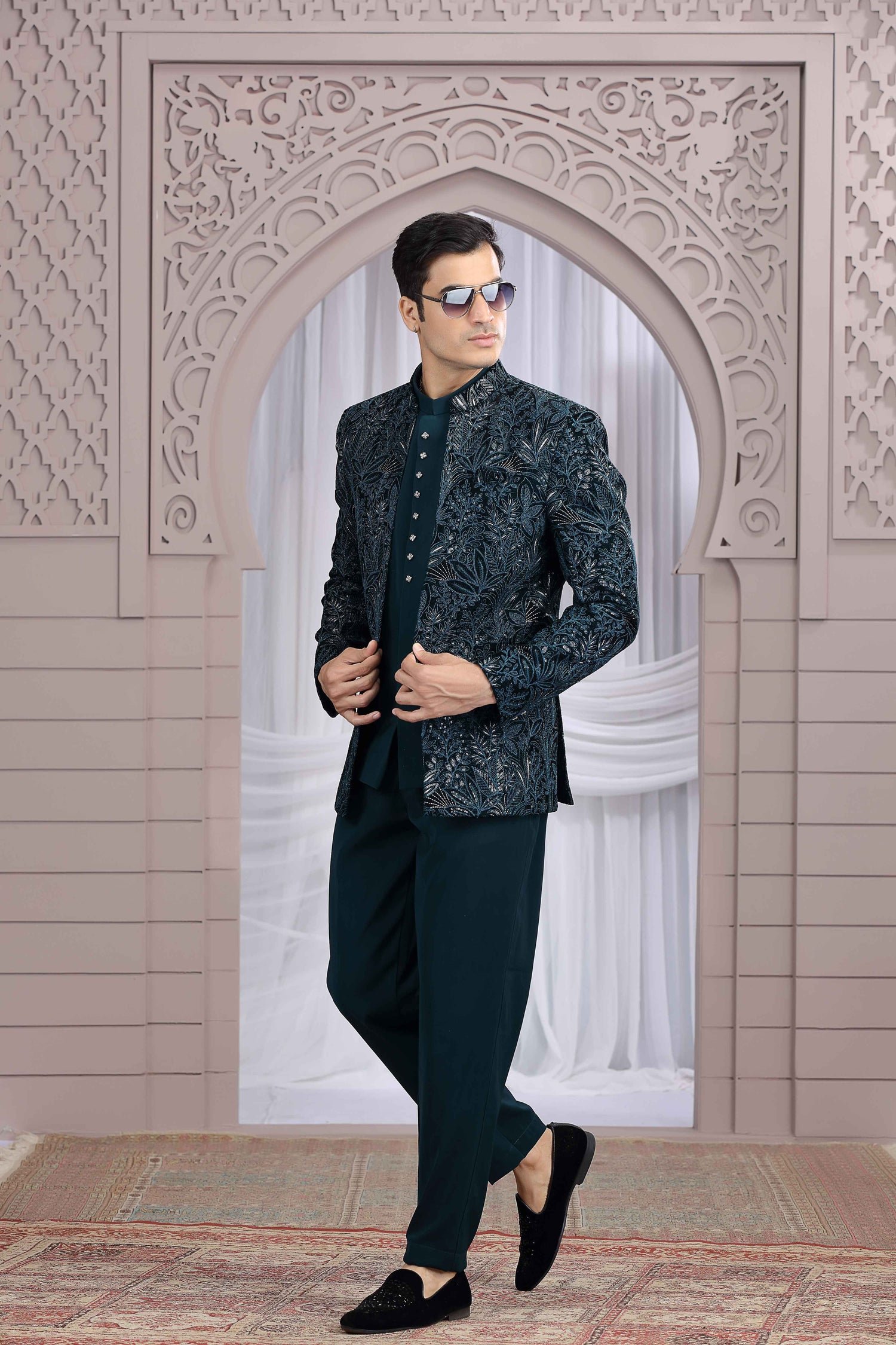 Royal Teal Green Jodhpuri Suit with Embroidered Jacket Jodhpuri suit Anant Tex Exports Pvt.Ltd..