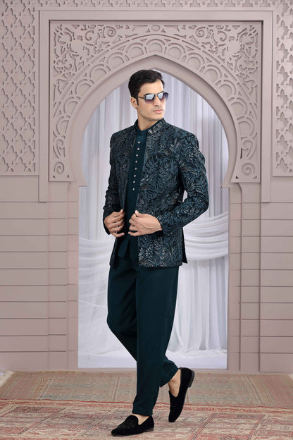 Royal Teal Green Jodhpuri Suit with Embroidered Jacket Jodhpuri suit Anant Tex Exports Pvt.Ltd..