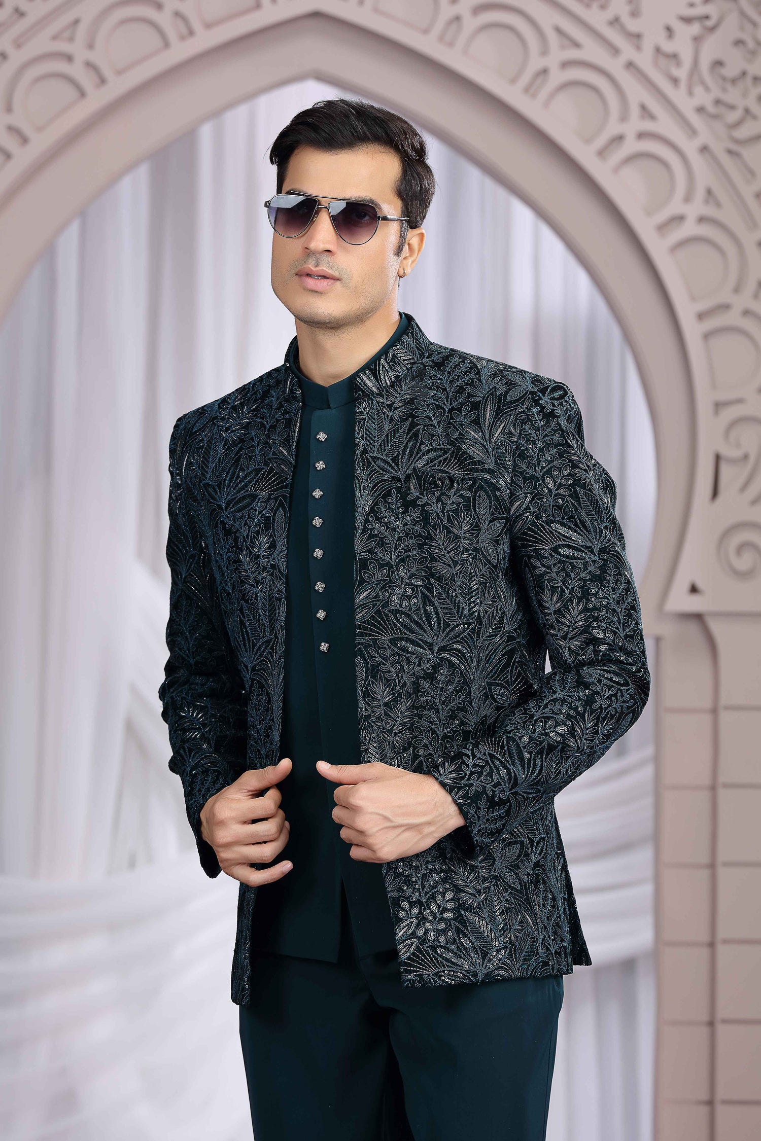 Royal Teal Green Jodhpuri Suit with Embroidered Jacket Jodhpuri suit Anant Tex Exports Pvt.Ltd..