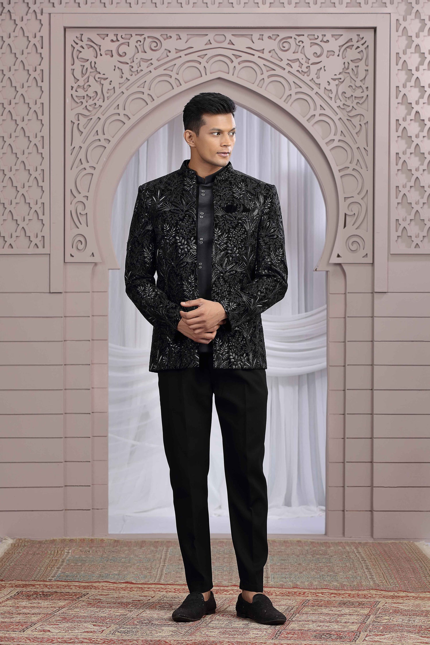 Black Velvet Jodhpuri Suit with Heavy Thread Embroidery Jodhpuri suit Anant Tex Exports Pvt.Ltd..