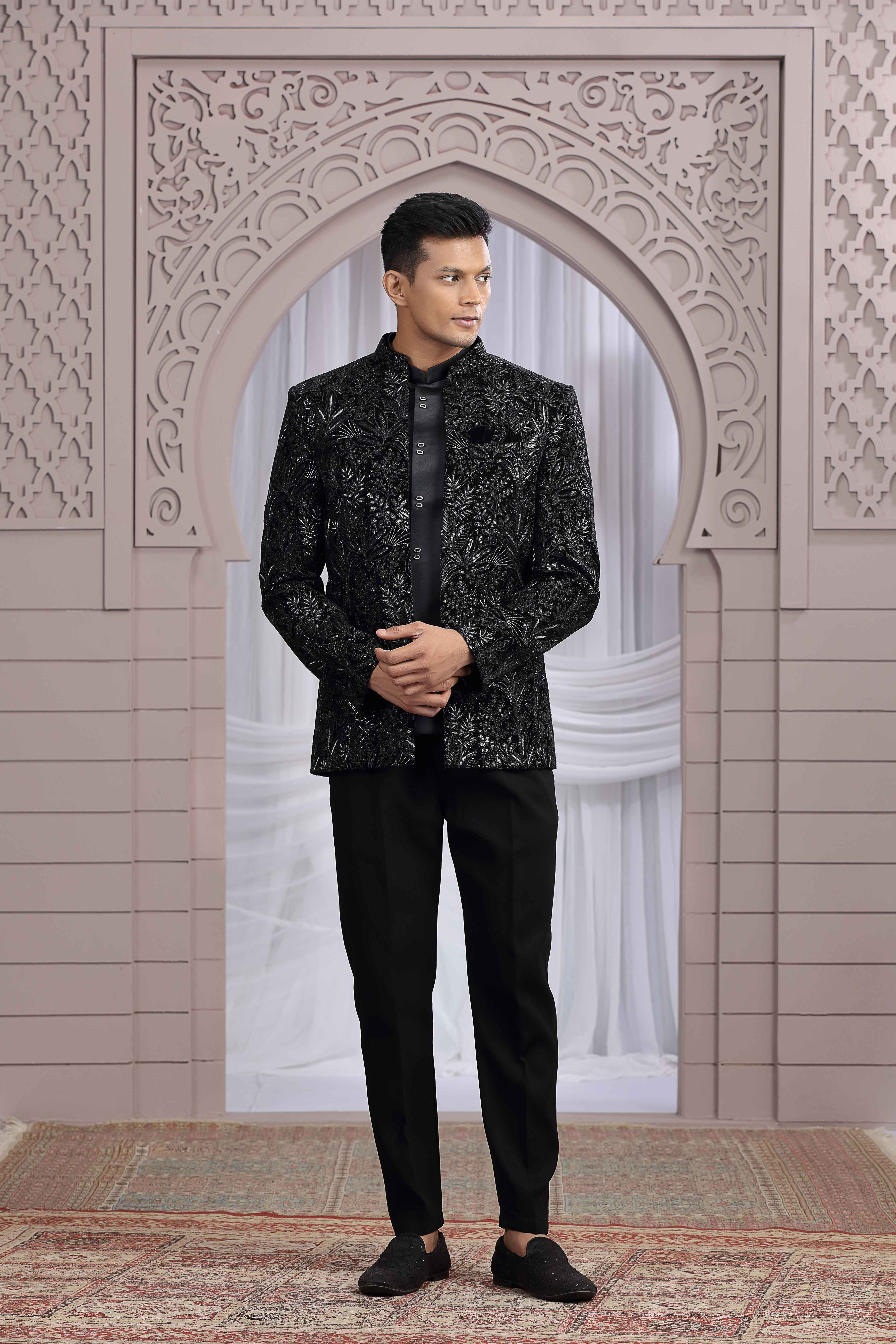 Black Velvet Jodhpuri Suit with Heavy Thread Embroidery Jodhpuri suit Anant Tex Exports Pvt.Ltd..
