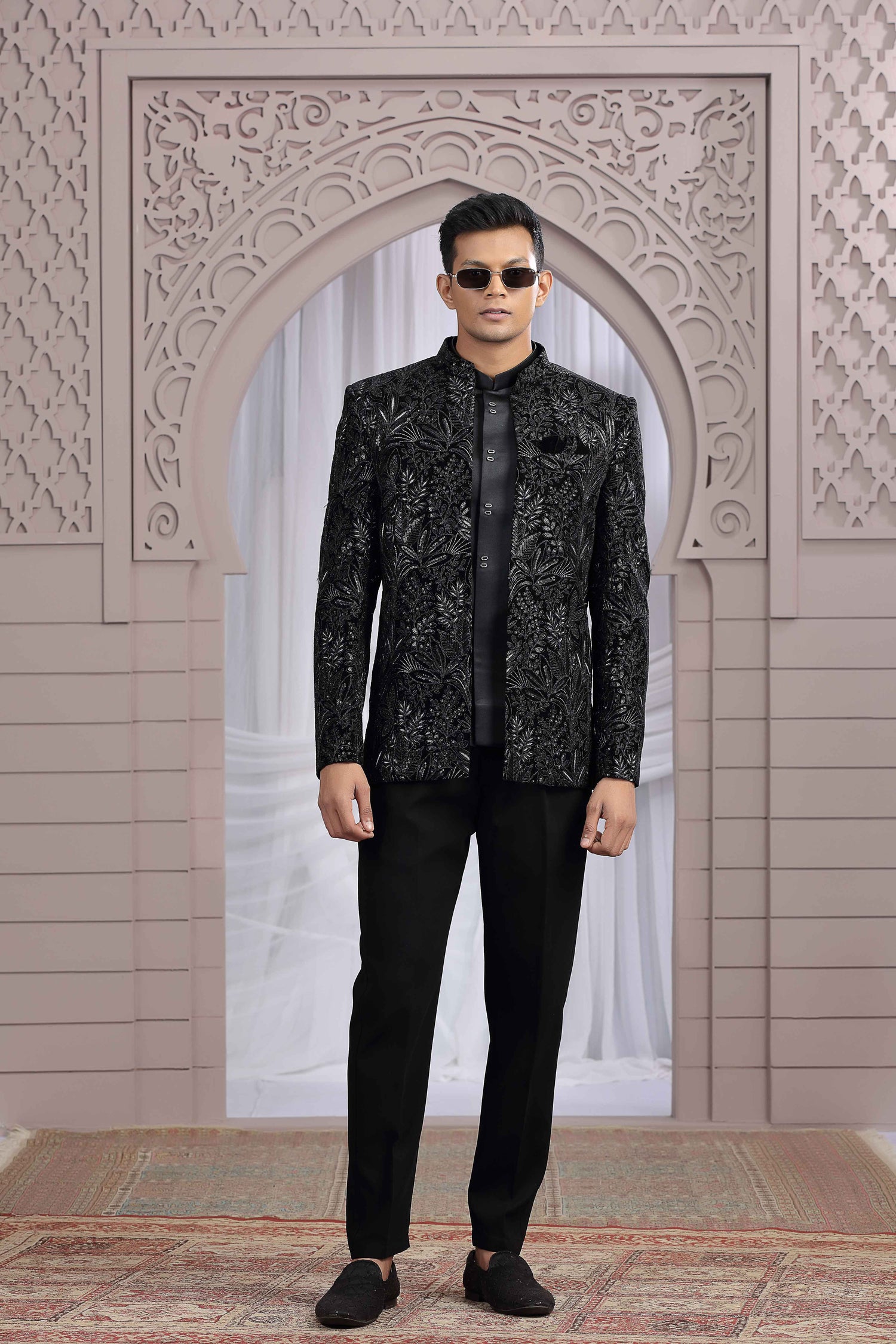 Black Velvet Jodhpuri Suit with Heavy Thread Embroidery Jodhpuri suit Anant Tex Exports Pvt.Ltd..