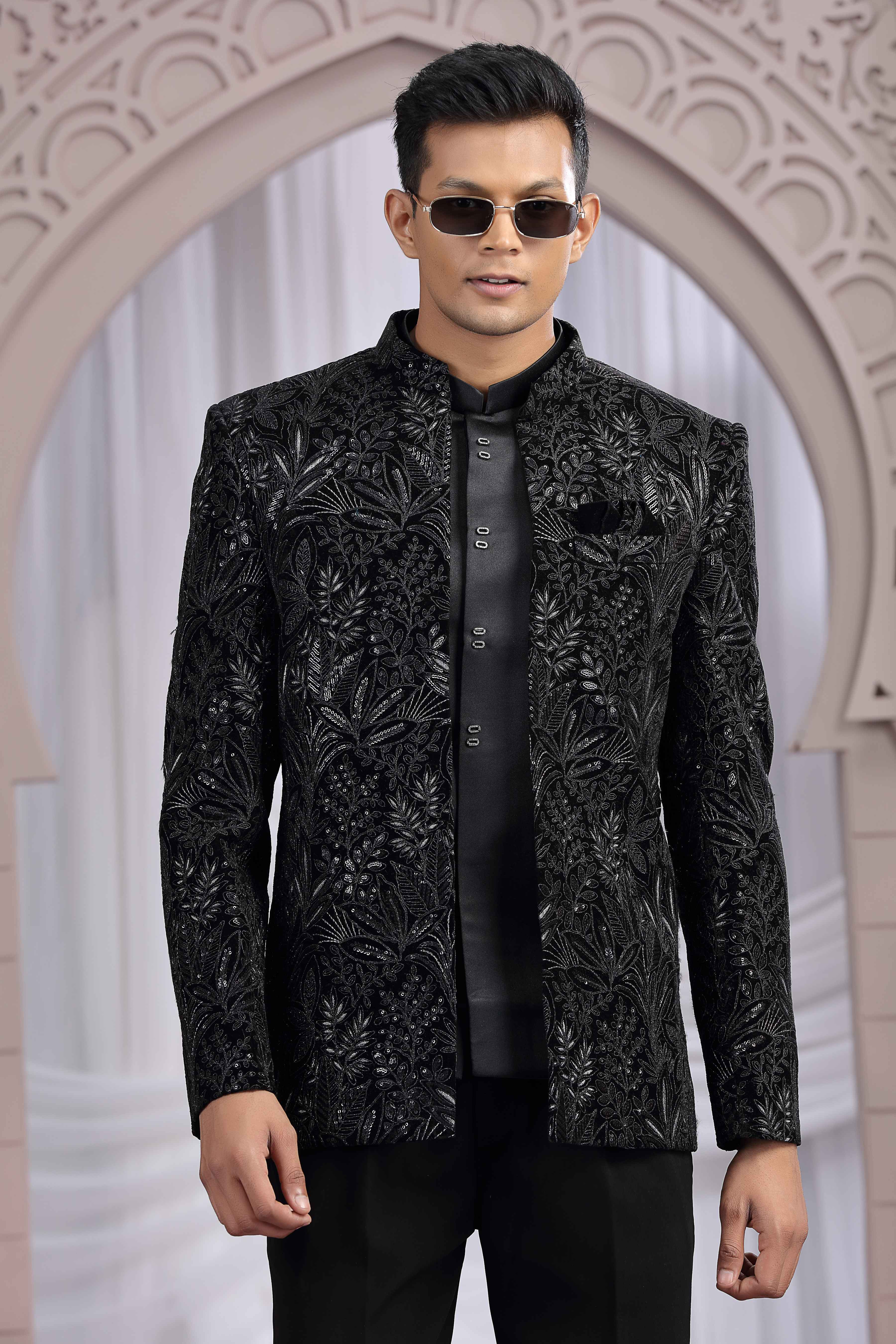 Black Velvet Jodhpuri Suit with Heavy Thread Embroidery