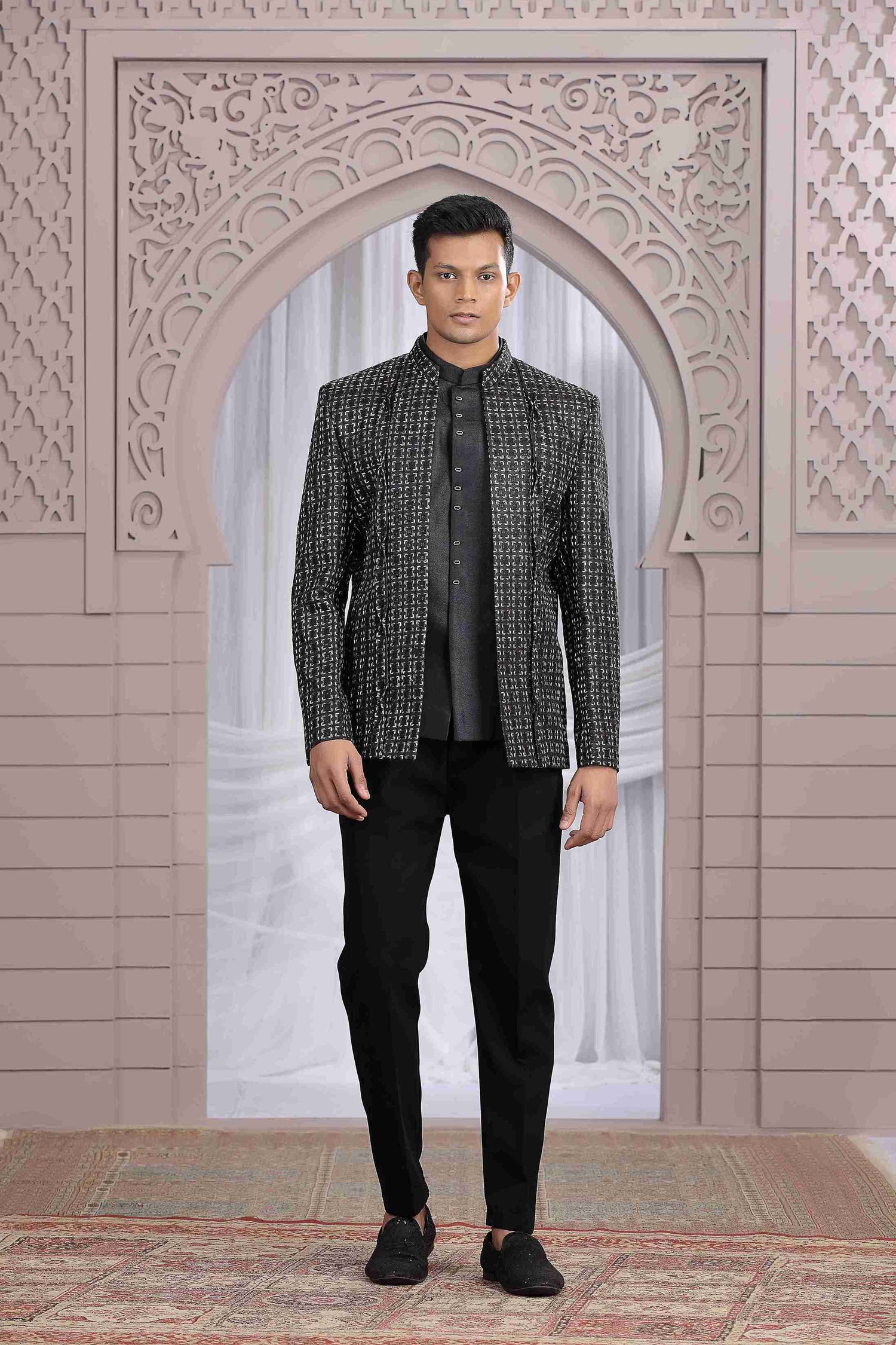 Classic Black Designer Jodhpuri Suit with Pattern Thread Work Jodhpuri suit Anant Tex Exports Pvt.Ltd..
