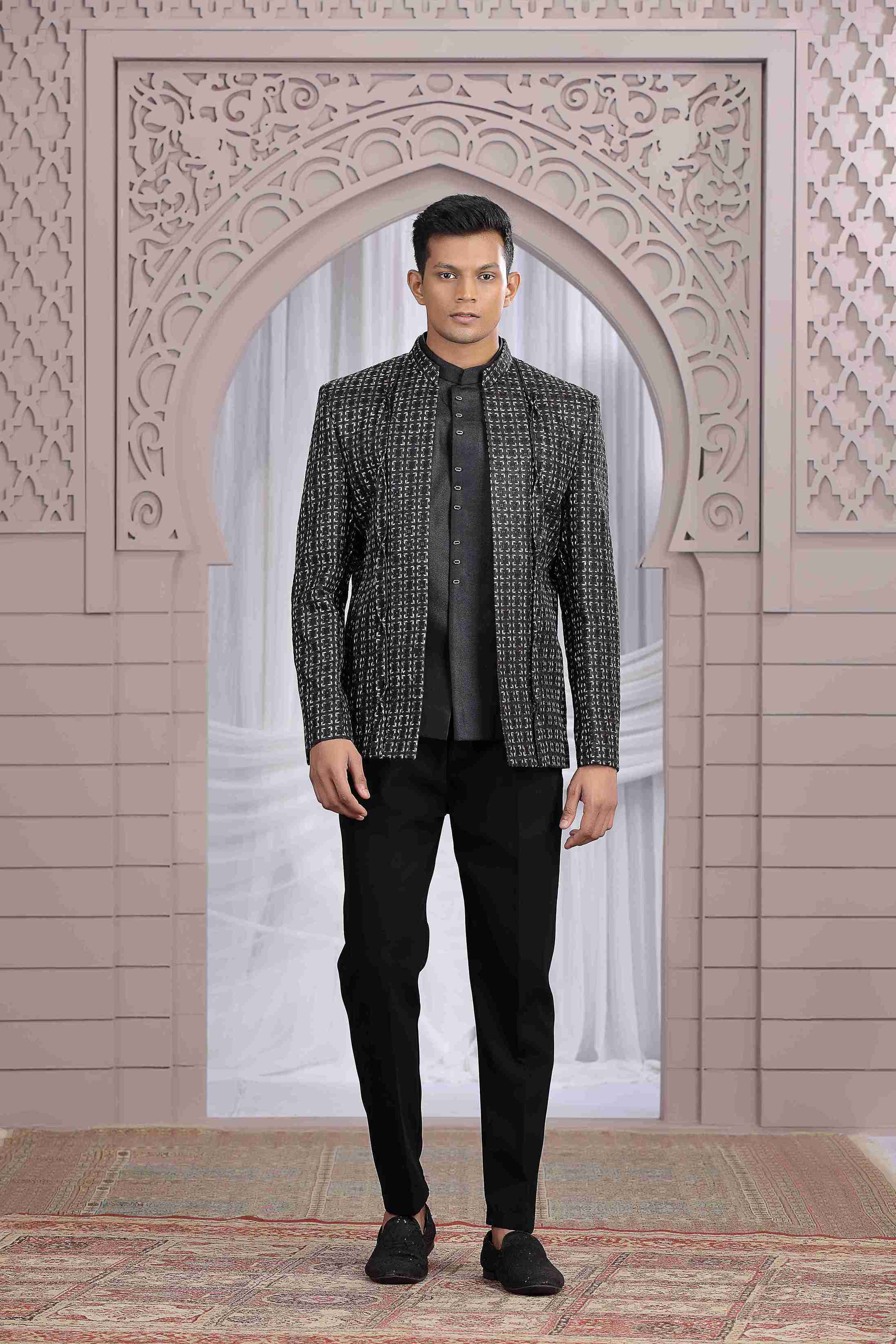 Classic Black Designer Jodhpuri Suit with Pattern Thread Work